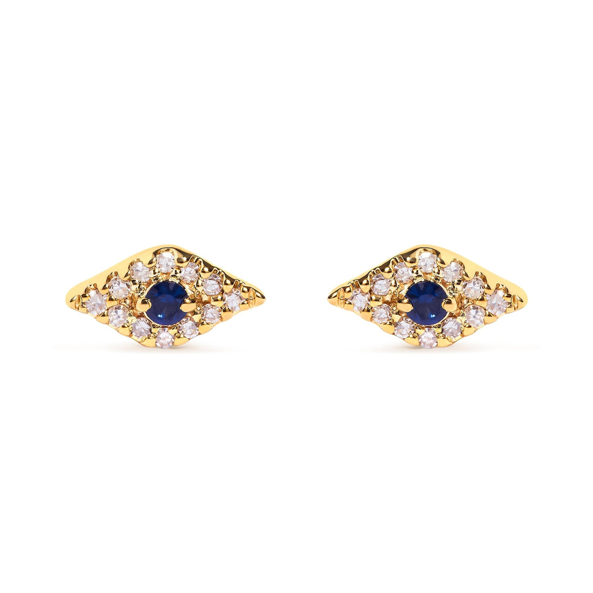 10K Yellow Gold Blue Sapphire and Diamond Accent Evil Eye Stud Earring (H-I Color, I1-I2 Clarity) - LinkagejewelrydesignLinkagejewelrydesign