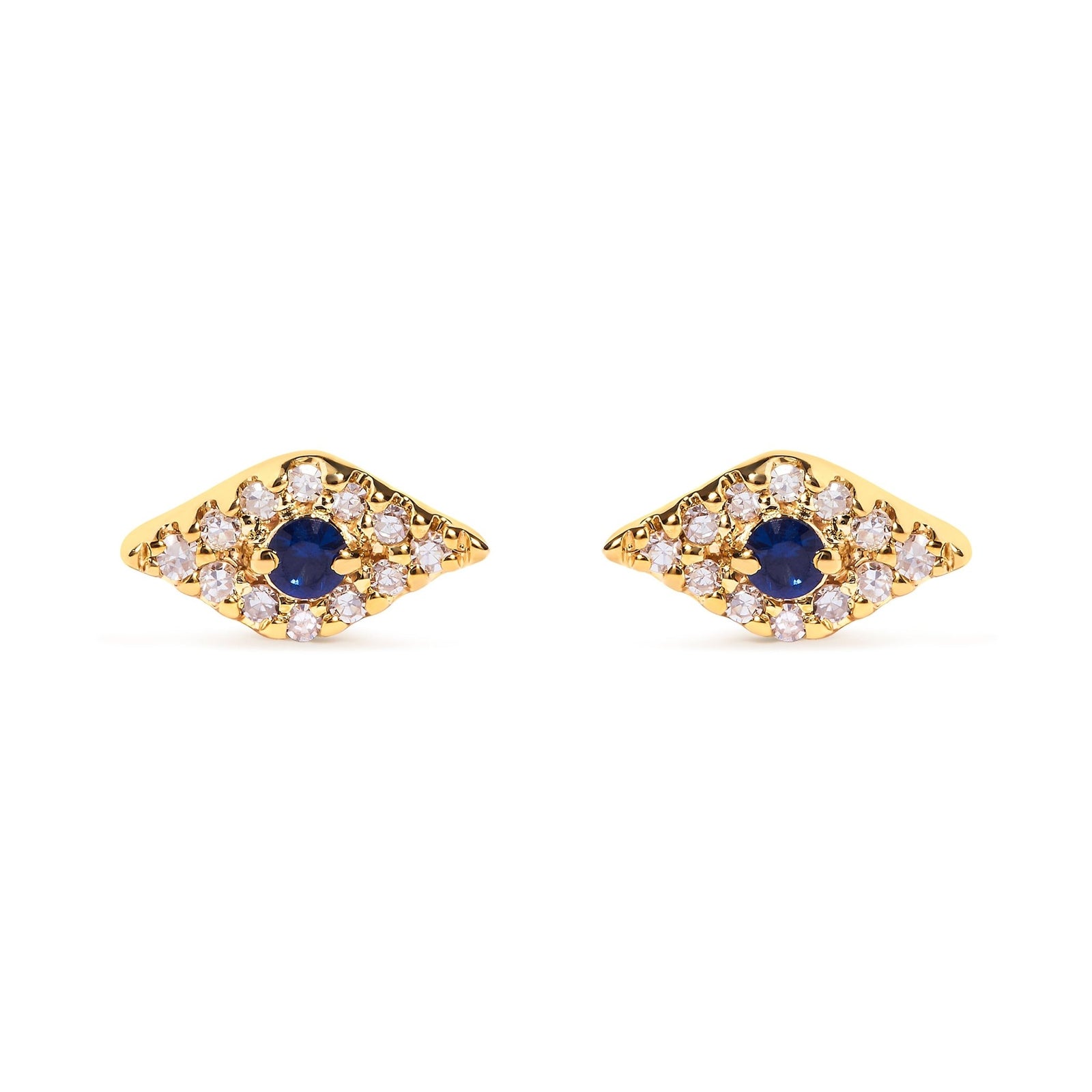 10K Yellow Gold Blue Sapphire and Diamond Accent Evil Eye Stud Earring (H-I Color, I1-I2 Clarity) - LinkagejewelrydesignLinkagejewelrydesign