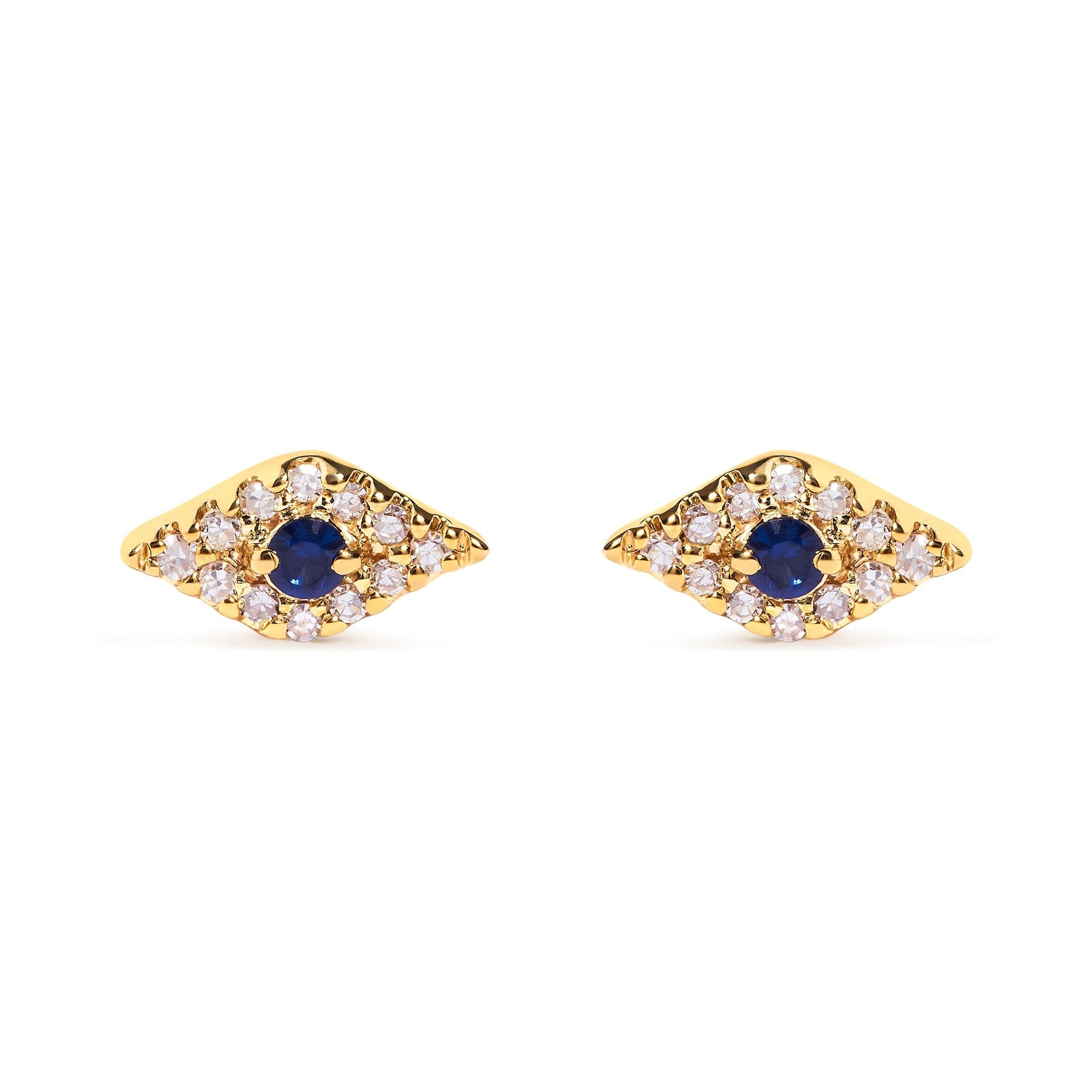 10K Yellow Gold Blue Sapphire and Diamond Accent Evil Eye Stud Earring (H-I Color, I1-I2 Clarity) - LinkagejewelrydesignLinkagejewelrydesign