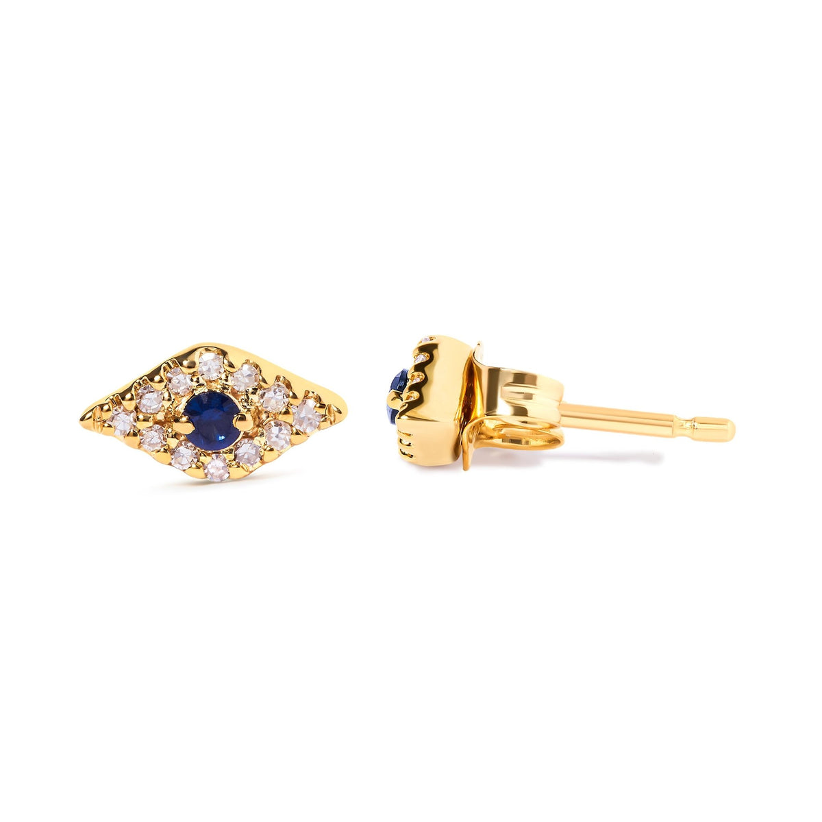 10K Yellow Gold Blue Sapphire and Diamond Accent Evil Eye Stud Earring (H-I Color, I1-I2 Clarity) - LinkagejewelrydesignLinkagejewelrydesign