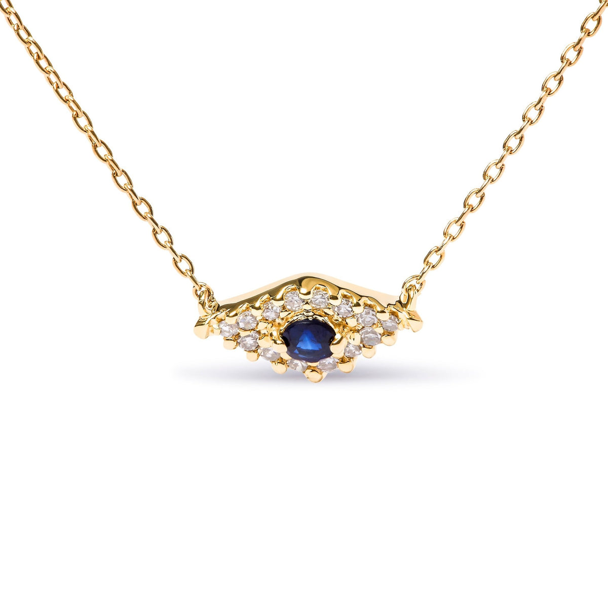 10K Yellow Gold Blue Sapphire and Diamond Accented Evil Eye 18&quot; Inch Pendant Necklace (H-I Color, I1-I2 Clarity) - LinkagejewelrydesignLinkagejewelrydesign