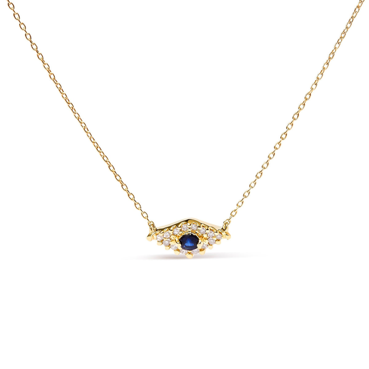 10K Yellow Gold Blue Sapphire and Diamond Accented Evil Eye 18&quot; Inch Pendant Necklace (H-I Color, I1-I2 Clarity) - LinkagejewelrydesignLinkagejewelrydesign