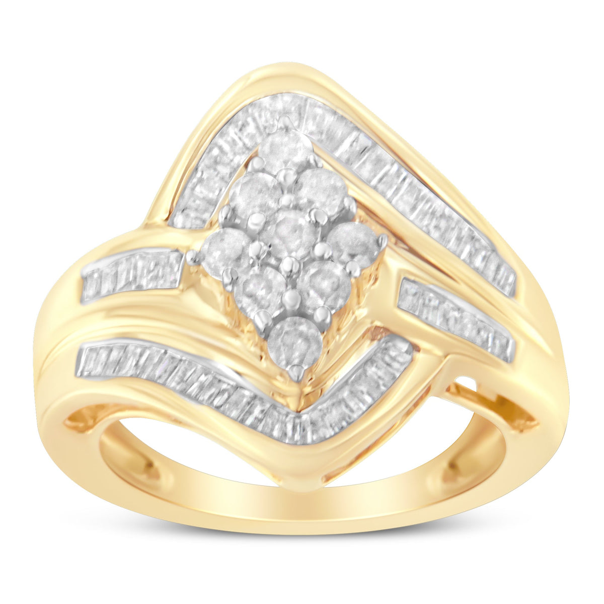 10K Yellow Gold Diamond Bypass Cluster Ring (1 Cttw, I-J Color, I2-I3 Clarity) - Size 7 - LinkagejewelrydesignLinkagejewelrydesign