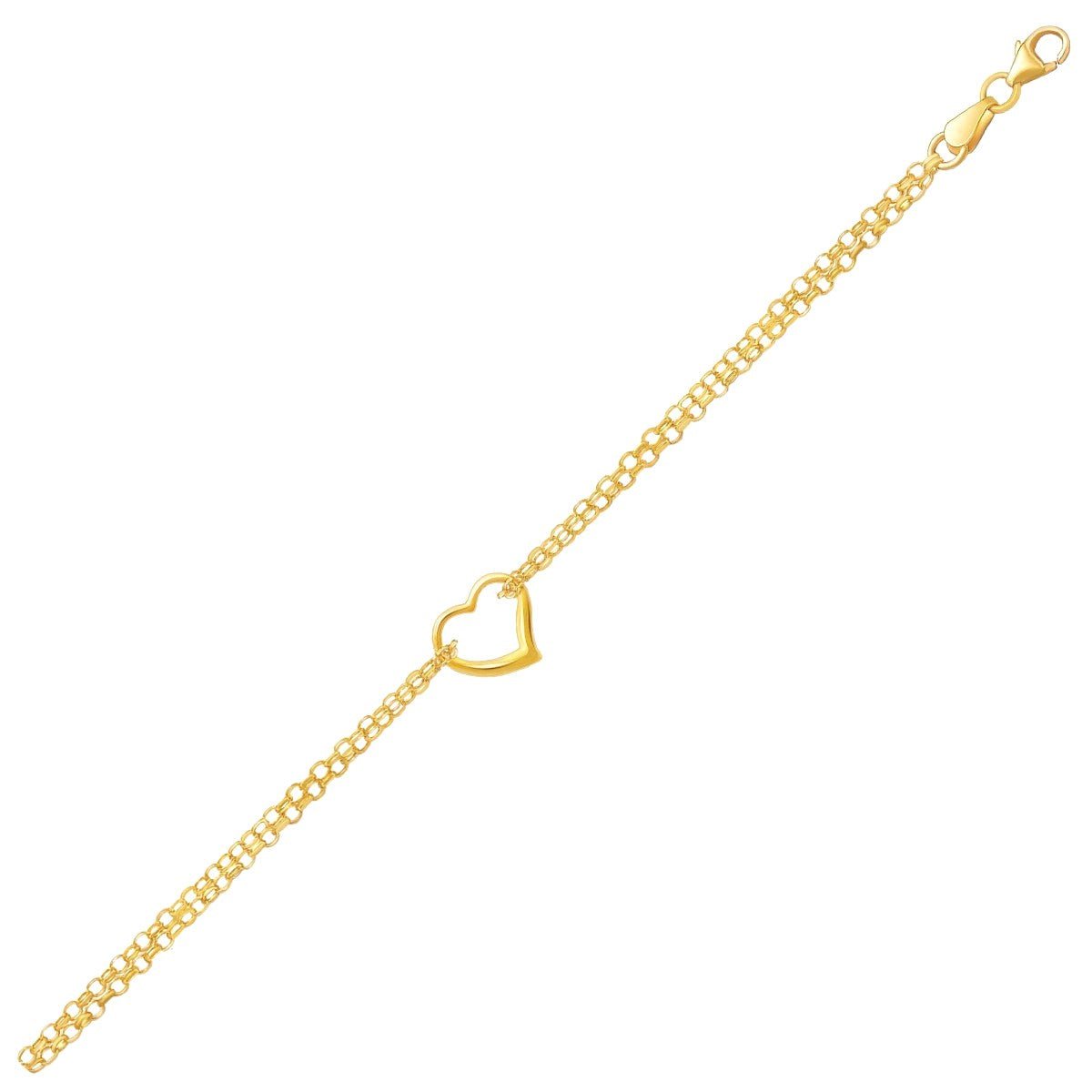 10k Yellow Gold Double Rolo Chain Anklet with an Open Heart Station - LinkagejewelrydesignLinkagejewelrydesign