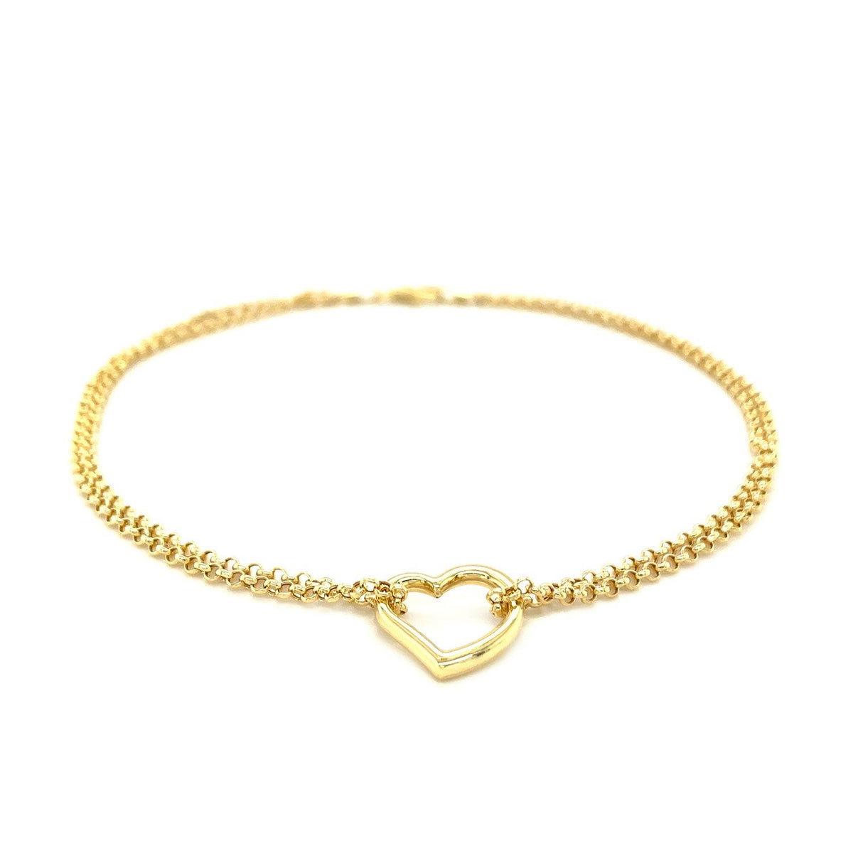 10k Yellow Gold Double Rolo Chain Anklet with an Open Heart Station - LinkagejewelrydesignLinkagejewelrydesign