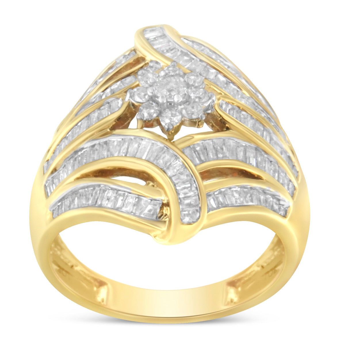 10K Yellow Gold Flashed .925 Sterling Silver 1-1/8 Cttw Round &amp; Baguette Diamond &#39;Flower &amp; Fern&#39; Cluster Cocktail Fashion Ring (I-J Color, I2-I3 Clarity) - Size 6 - LinkagejewelrydesignLinkagejewelrydesign