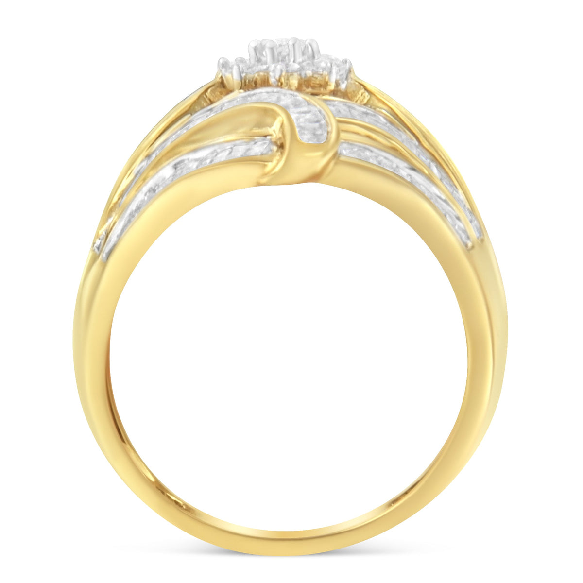 10K Yellow Gold Flashed .925 Sterling Silver 1-1/8 Cttw Round &amp; Baguette Diamond &#39;Flower &amp; Fern&#39; Cluster Cocktail Fashion Ring (I-J Color, I2-I3 Clarity) - Size 6 - LinkagejewelrydesignLinkagejewelrydesign