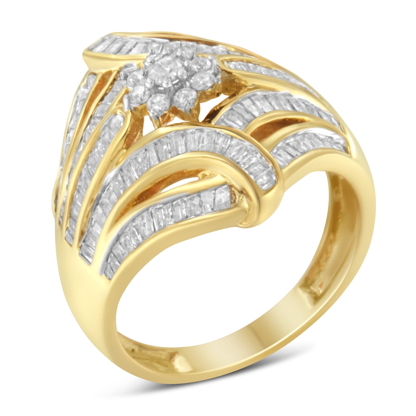 10K Yellow Gold Flashed .925 Sterling Silver 1-1/8 Cttw Round & Baguette Diamond 'Flower & Fern' Cluster Cocktail Fashion Ring (I-J Color, I2-I3 Clarity) - Size 6 - LinkagejewelrydesignLinkagejewelrydesign