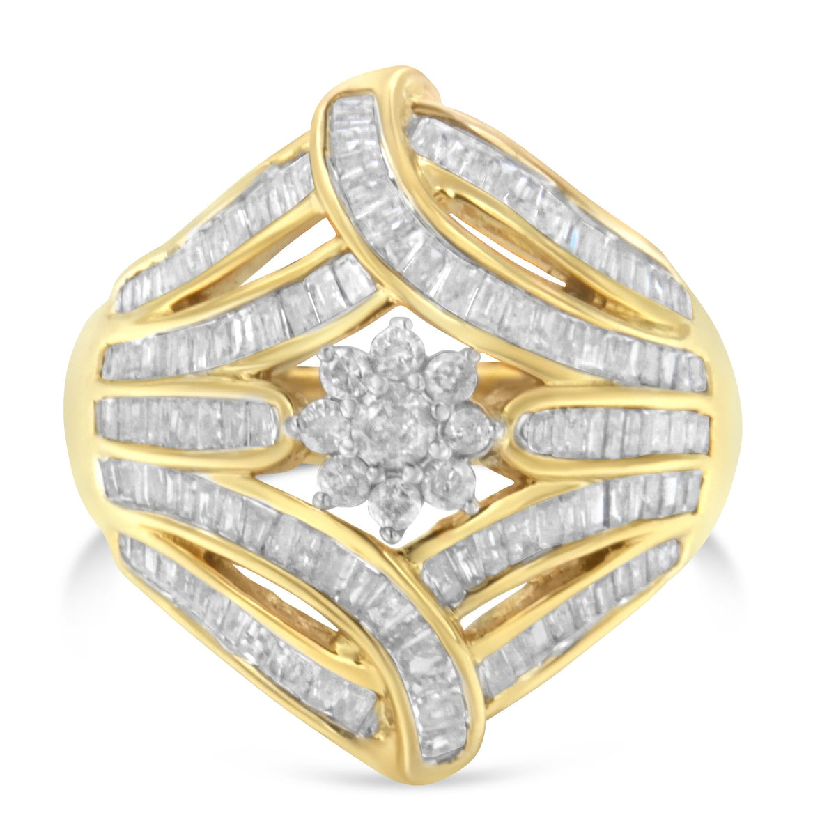 10K Yellow Gold Flashed .925 Sterling Silver 1-1/8 Cttw Round &amp; Baguette Diamond &#39;Flower &amp; Fern&#39; Cluster Cocktail Fashion Ring (I-J Color, I2-I3 Clarity) - Size 6 - LinkagejewelrydesignLinkagejewelrydesign
