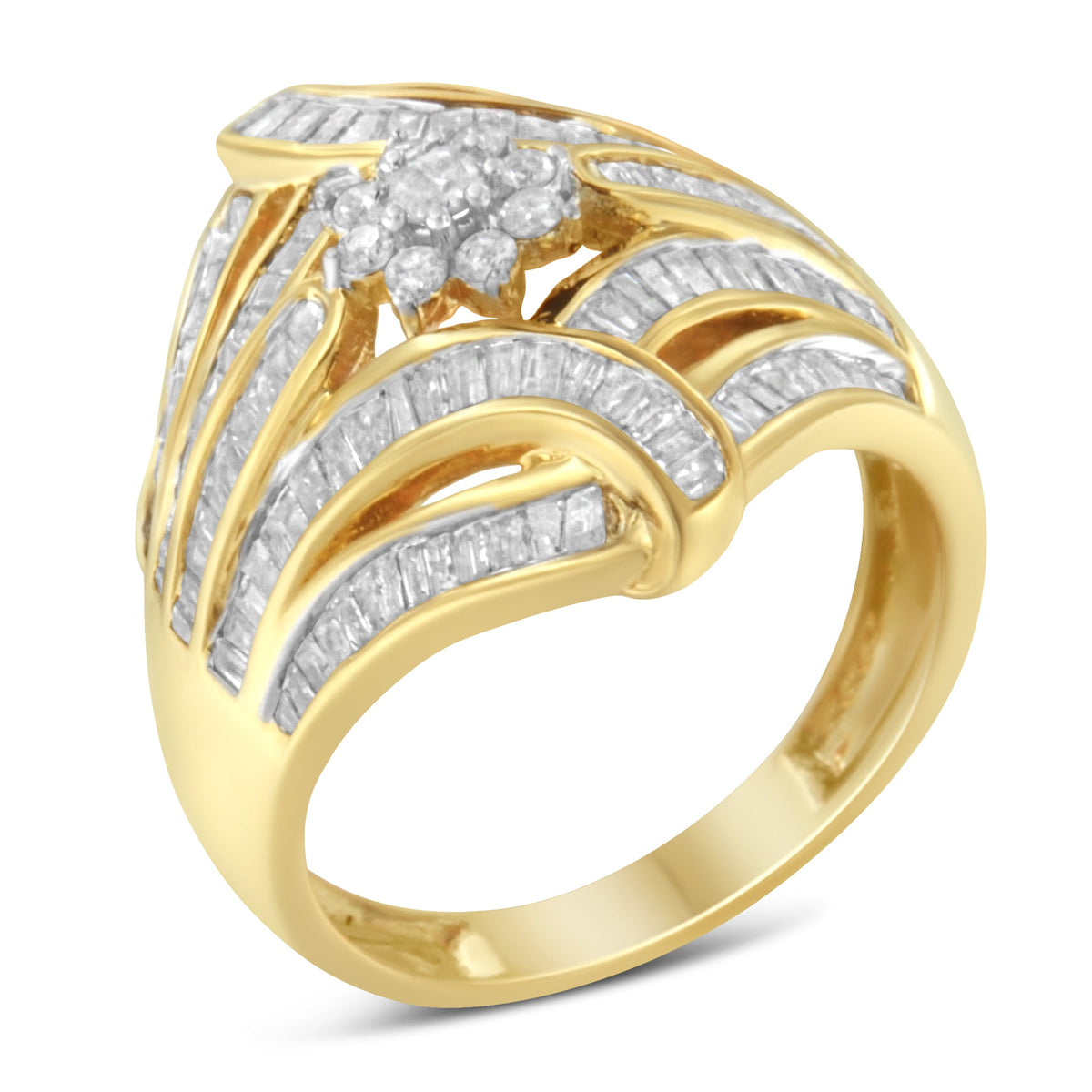 10K Yellow Gold Flashed .925 Sterling Silver 1-1/8 Cttw Round &amp; Baguette Diamond &#39;Flower &amp; Fern&#39; Cluster Cocktail Fashion Ring (I-J Color, I2-I3 Clarity) - Size 6 - LinkagejewelrydesignLinkagejewelrydesign