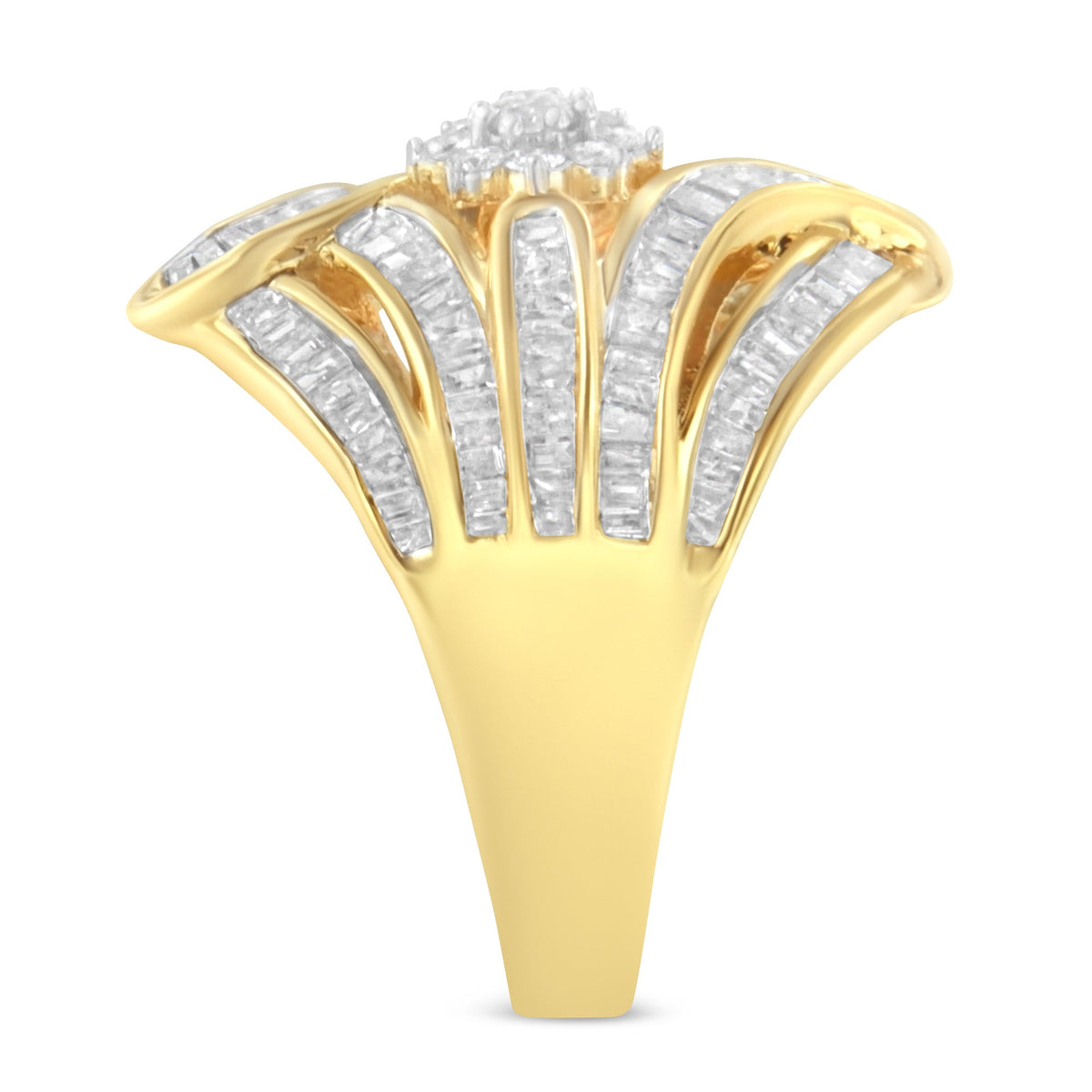 10K Yellow Gold Flashed .925 Sterling Silver 1-1/8 Cttw Round &amp; Baguette Diamond &#39;Flower &amp; Fern&#39; Cluster Cocktail Fashion Ring (I-J Color, I2-I3 Clarity) - Size 6 - LinkagejewelrydesignLinkagejewelrydesign