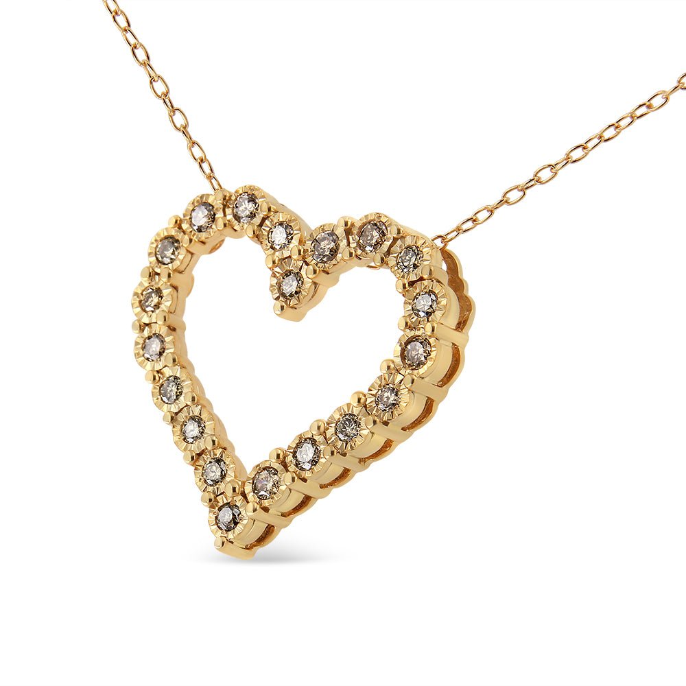 10K Yellow Gold Flashed .925 Sterling Silver 1/2 Cttw Champagne Diamond Miracle Plate Heart Pendant Necklace (K-L Color, I1-I2 Clarity) - 18&quot; - LinkagejewelrydesignLinkagejewelrydesign