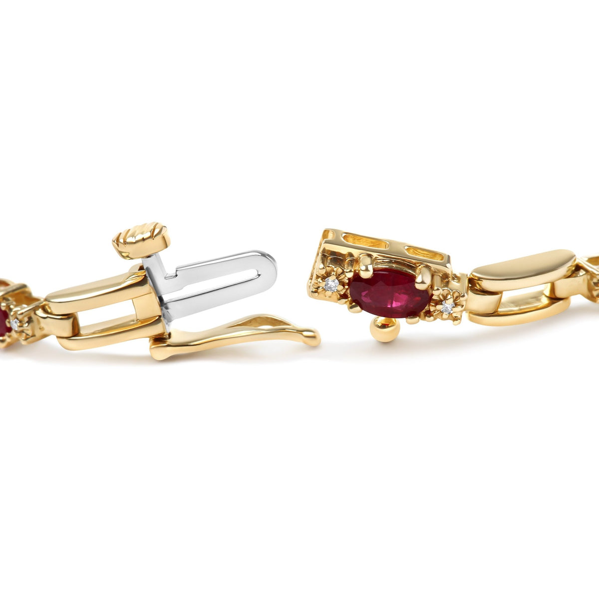 10K Yellow Gold Oval Ruby and 1/10 Cttw Diamond Bar Prong Set Bracelet (H-I Color, SI1-SI2 Clarity) - Size 7" - LinkagejewelrydesignLinkagejewelrydesign