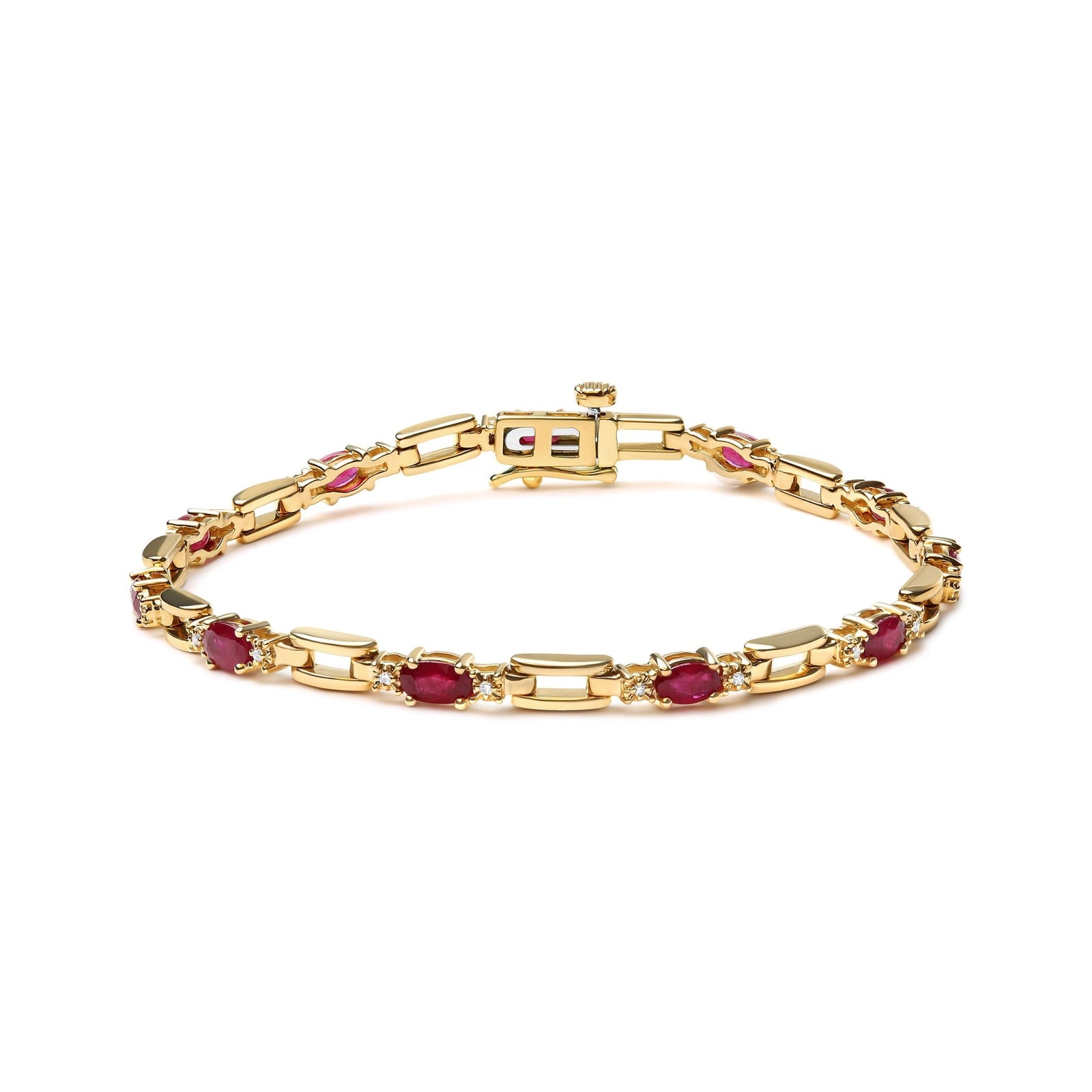 10K Yellow Gold Oval Ruby and 1/10 Cttw Diamond Bar Prong Set Bracelet (H-I Color, SI1-SI2 Clarity) - Size 7" - LinkagejewelrydesignLinkagejewelrydesign