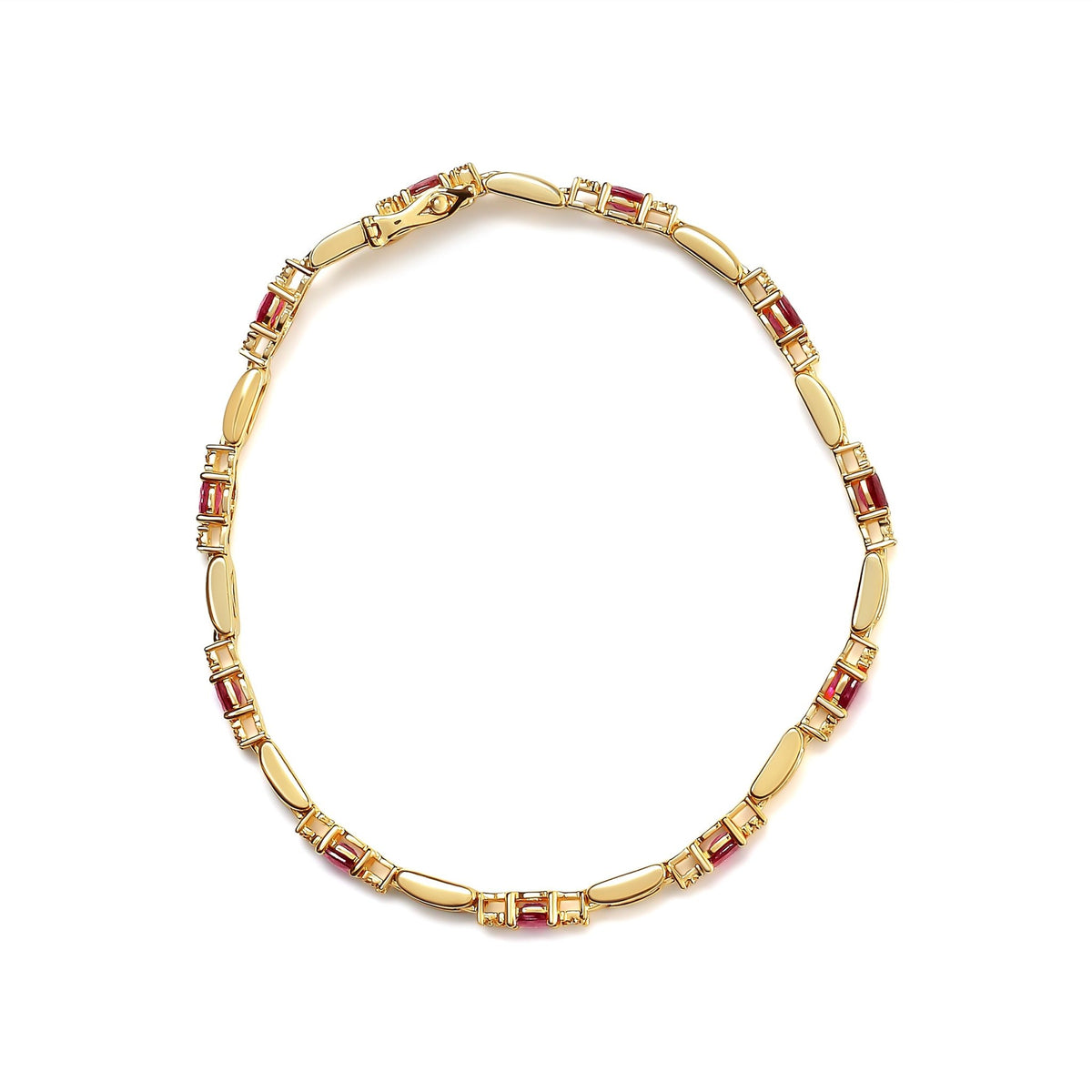 10K Yellow Gold Oval Ruby and 1/10 Cttw Diamond Bar Prong Set Bracelet (H-I Color, SI1-SI2 Clarity) - Size 7" - LinkagejewelrydesignLinkagejewelrydesign