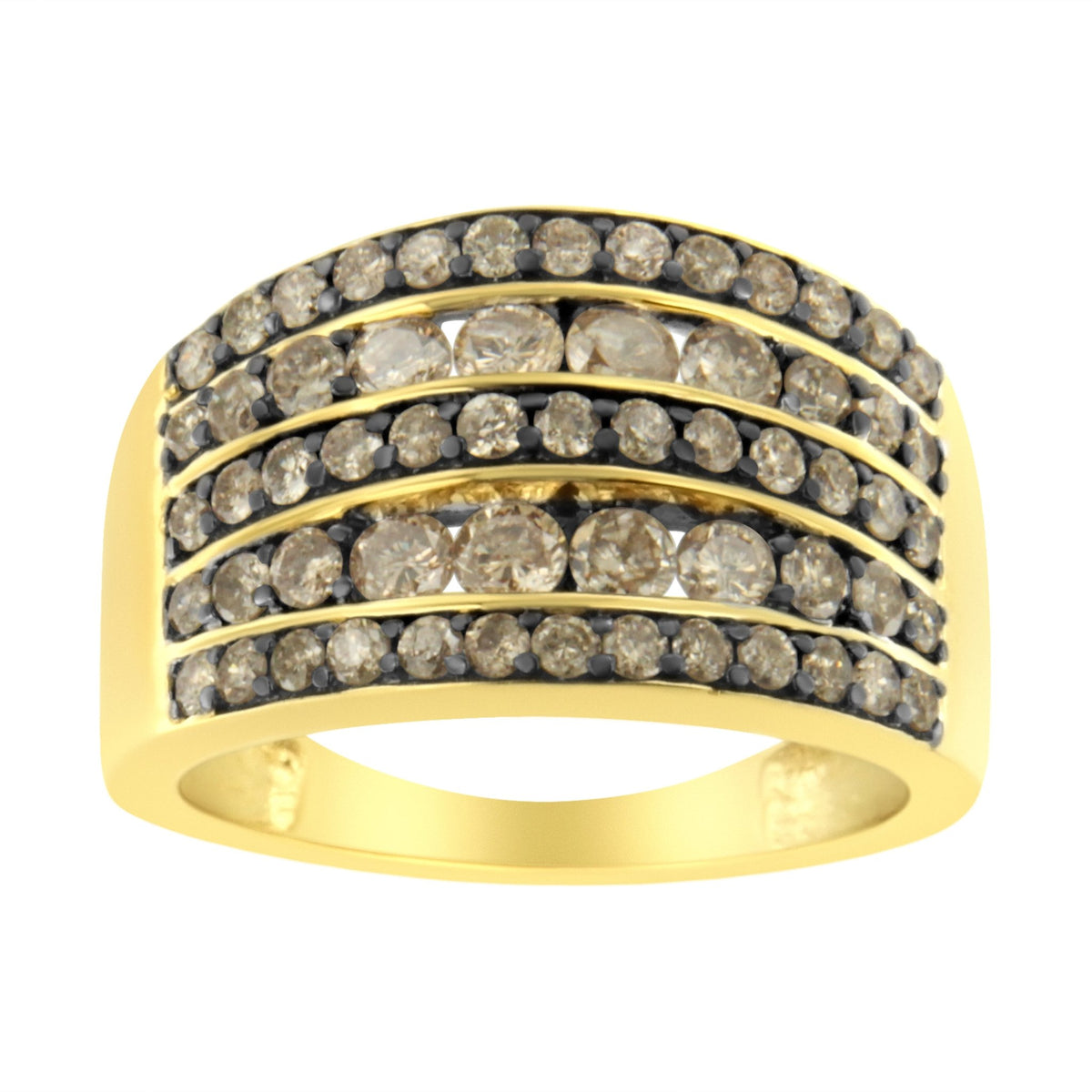 10K Yellow Gold Over .925 Sterling Silver 1 1/2 cttw Black Rhodium Shared-Prong Round-Cut Diamond 5 Row Band Ring (J-K Color, I1-I2 Clarity) - Size 7 - LinkagejewelrydesignLinkagejewelrydesign