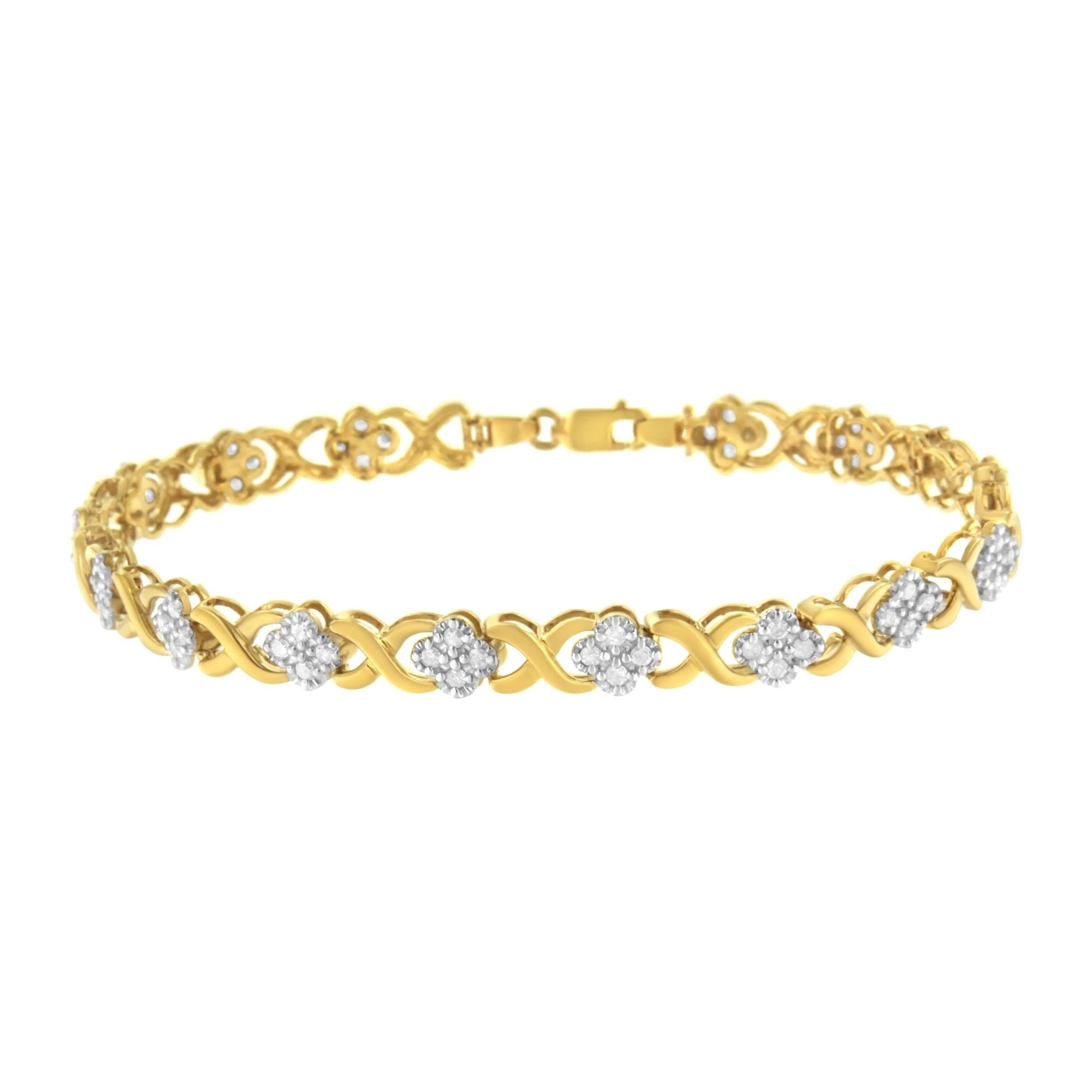 10K Yellow Gold over .925 Sterling Silver 1.0 Cttw Diamond Cluster X Link Tennis Link Bracelet (H-I Color, I3 Clarity) - 7" - LinkagejewelrydesignLinkagejewelrydesign