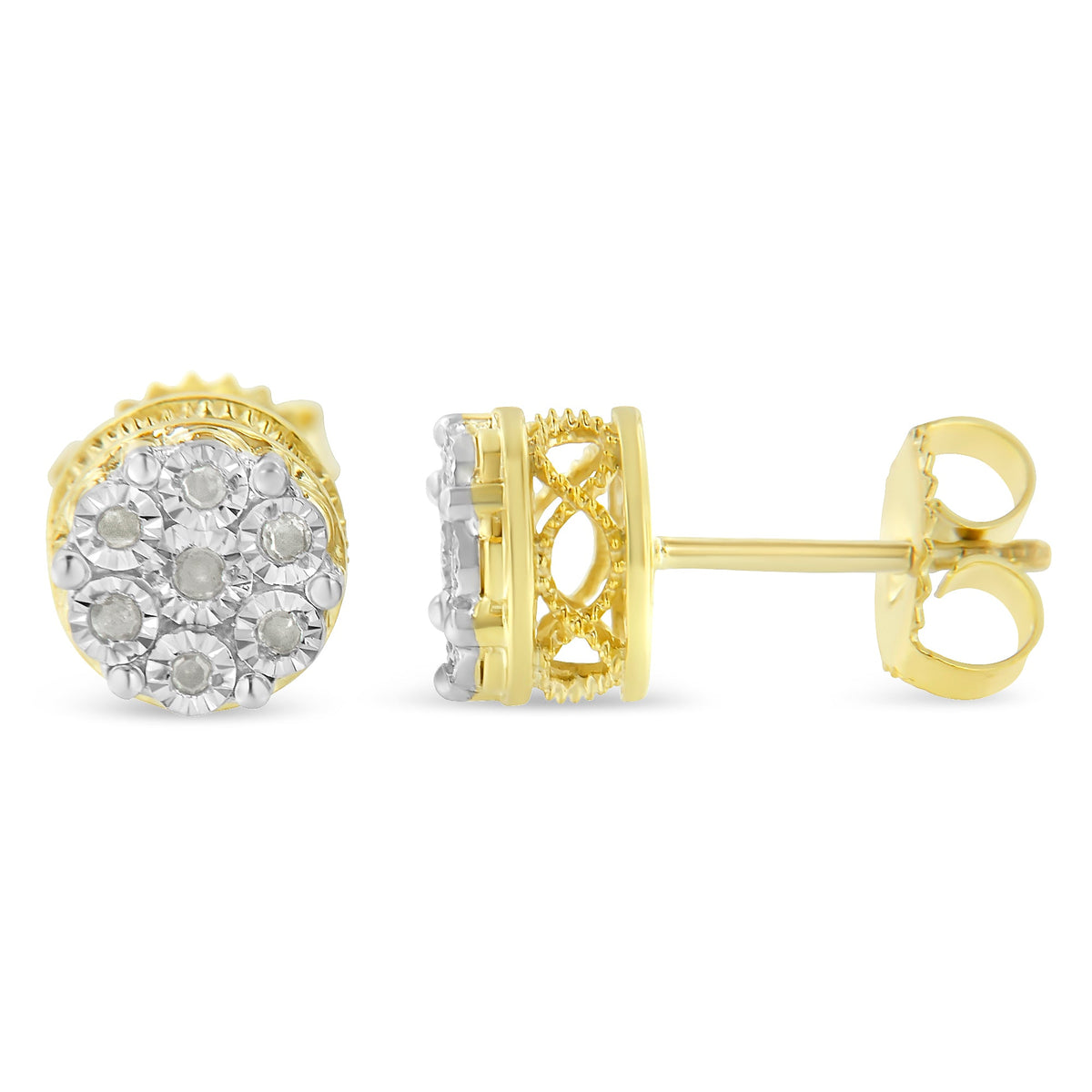 10K Yellow Gold over .925 Sterling Silver 1/7 Cttw Rose-Cut Miracle-Set Diamond Floral Cluster Button Stud Earrings (I-J Color, I3 Clarity) - LinkagejewelrydesignLinkagejewelrydesign