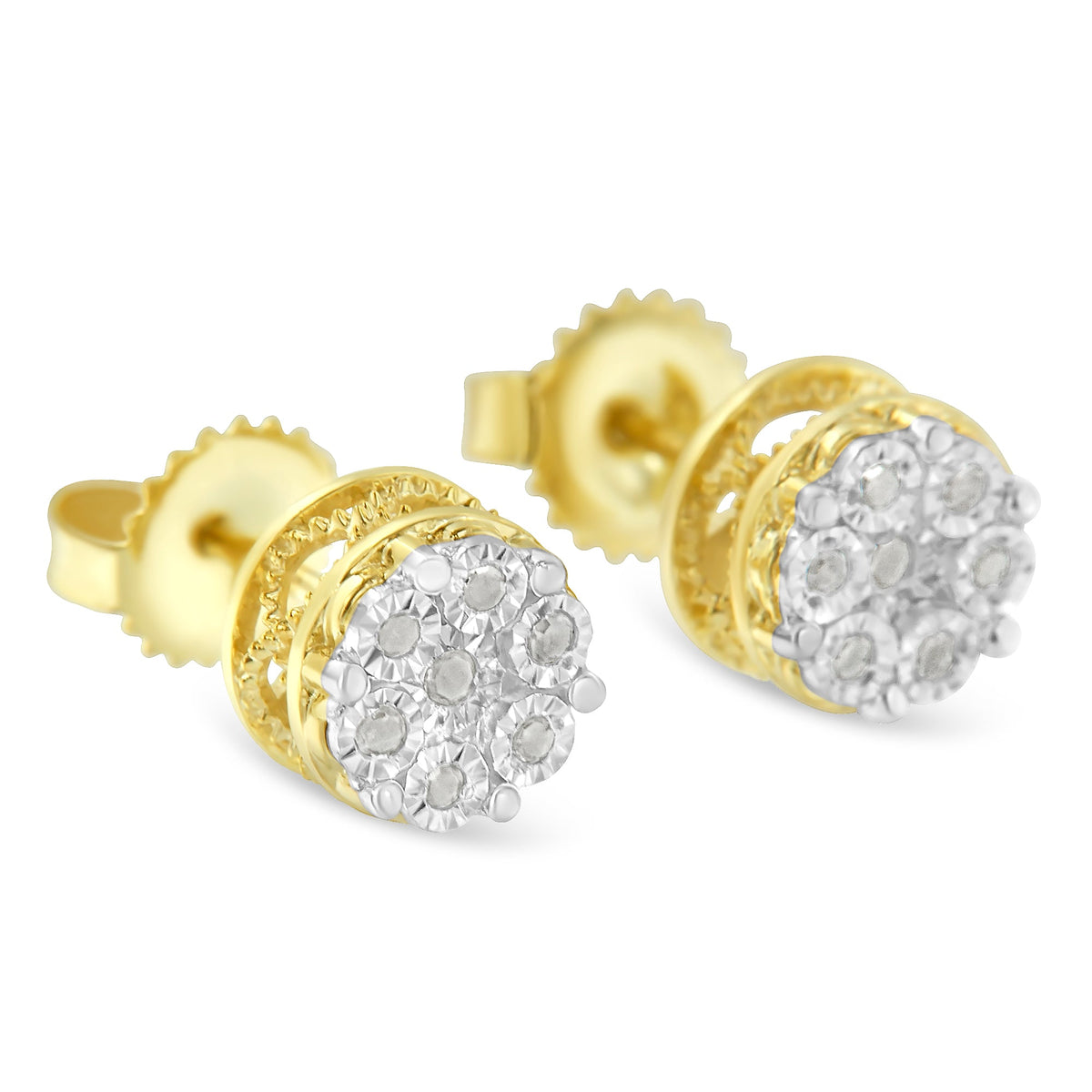 10K Yellow Gold over .925 Sterling Silver 1/7 Cttw Rose-Cut Miracle-Set Diamond Floral Cluster Button Stud Earrings (I-J Color, I3 Clarity) - LinkagejewelrydesignLinkagejewelrydesign