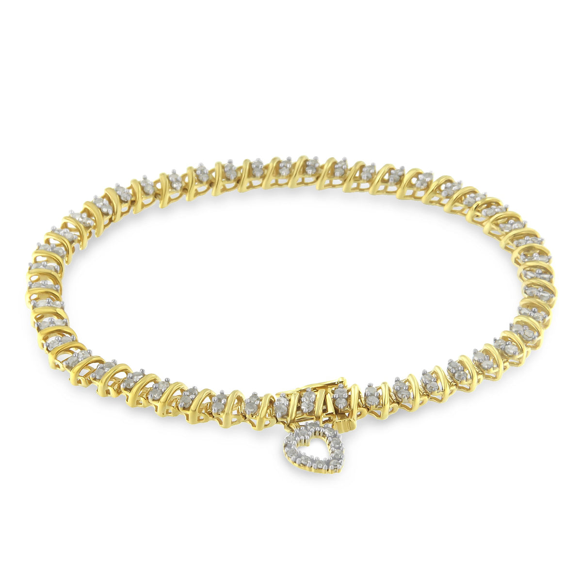 10K Yellow Gold over .925 Sterling Silver 2.0 Cttw Diamond Heart Charm 7&quot; Link Bracelet (I-J Color, I3 Clarity) - LinkagejewelrydesignLinkagejewelrydesign