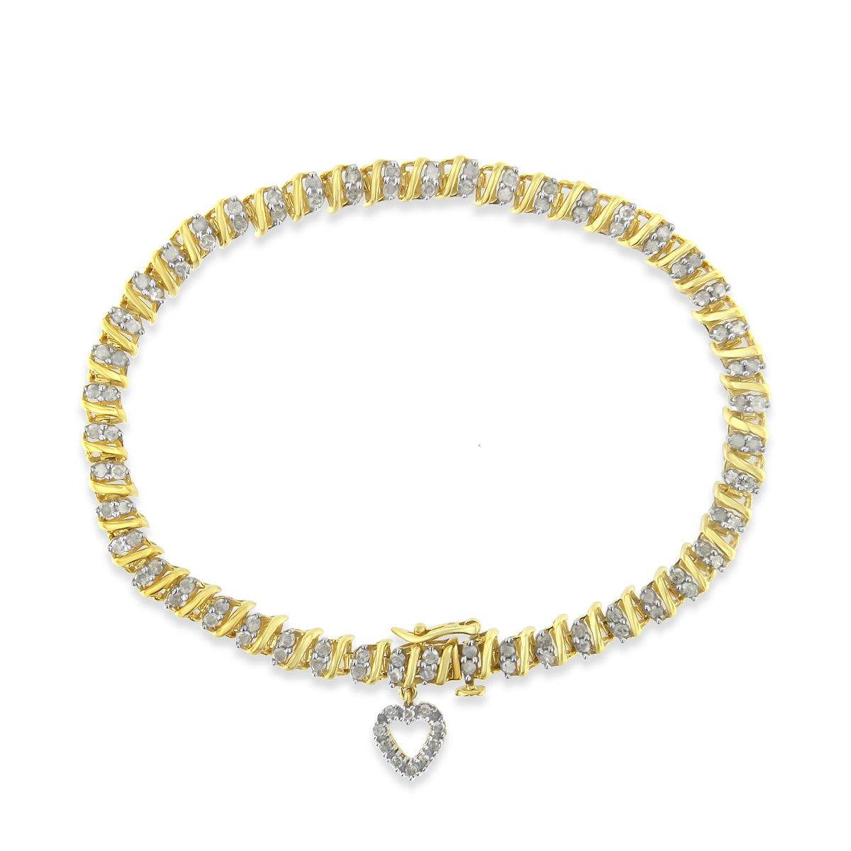 10K Yellow Gold over .925 Sterling Silver 2.0 Cttw Diamond Heart Charm 7&quot; Link Bracelet (I-J Color, I3 Clarity) - LinkagejewelrydesignLinkagejewelrydesign