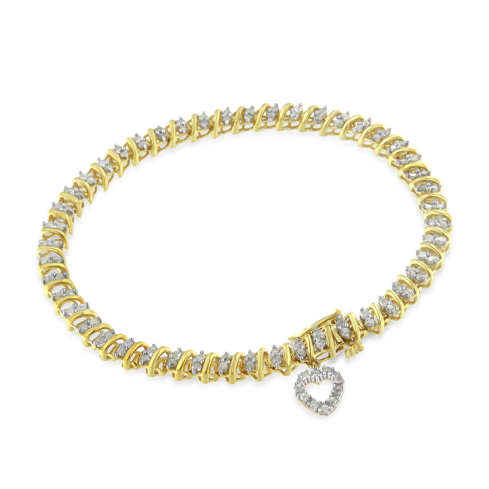 10K Yellow Gold over .925 Sterling Silver 2.0 Cttw Diamond Heart Charm 7" Link Bracelet (I-J Color, I3 Clarity) - LinkagejewelrydesignLinkagejewelrydesign