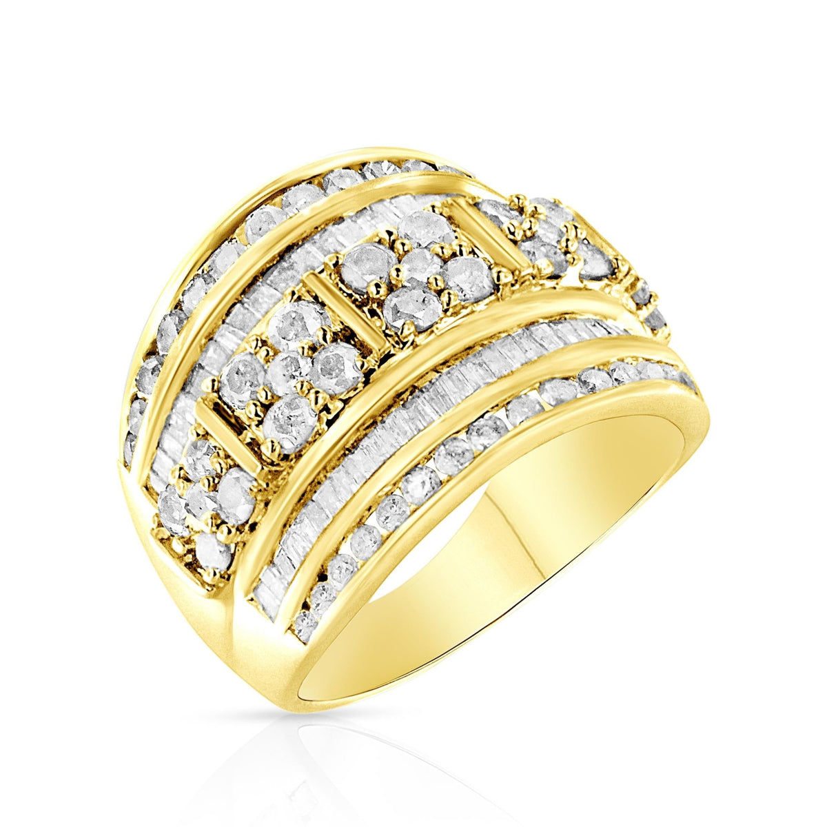 10K Yellow Gold over .925 Sterling Silver 2.0 Cttw Round & Baguette Cut Diamond Multi-Row Channel Set Tapered Cocktail Fashion Ring (I-J Color, I3 Clarity) - Size 6 - LinkagejewelrydesignLinkagejewelrydesign