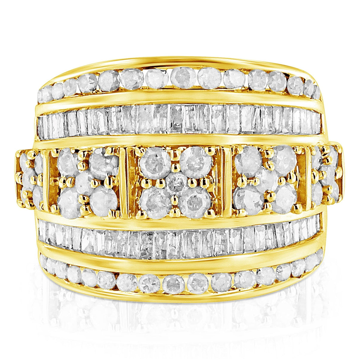 10K Yellow Gold over .925 Sterling Silver 2.0 Cttw Round & Baguette Cut Diamond Multi-Row Channel Set Tapered Cocktail Fashion Ring (I-J Color, I3 Clarity) - Size 6 - LinkagejewelrydesignLinkagejewelrydesign