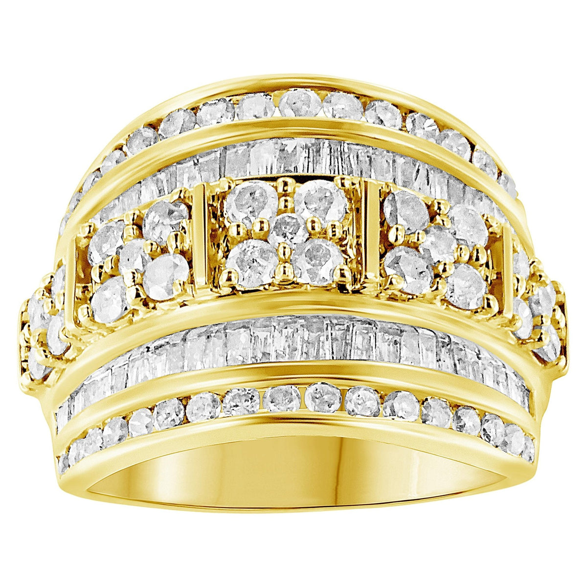10K Yellow Gold over .925 Sterling Silver 2.0 Cttw Round & Baguette Cut Diamond Multi-Row Channel Set Tapered Cocktail Fashion Ring (I-J Color, I3 Clarity) - Size 6 - LinkagejewelrydesignLinkagejewelrydesign