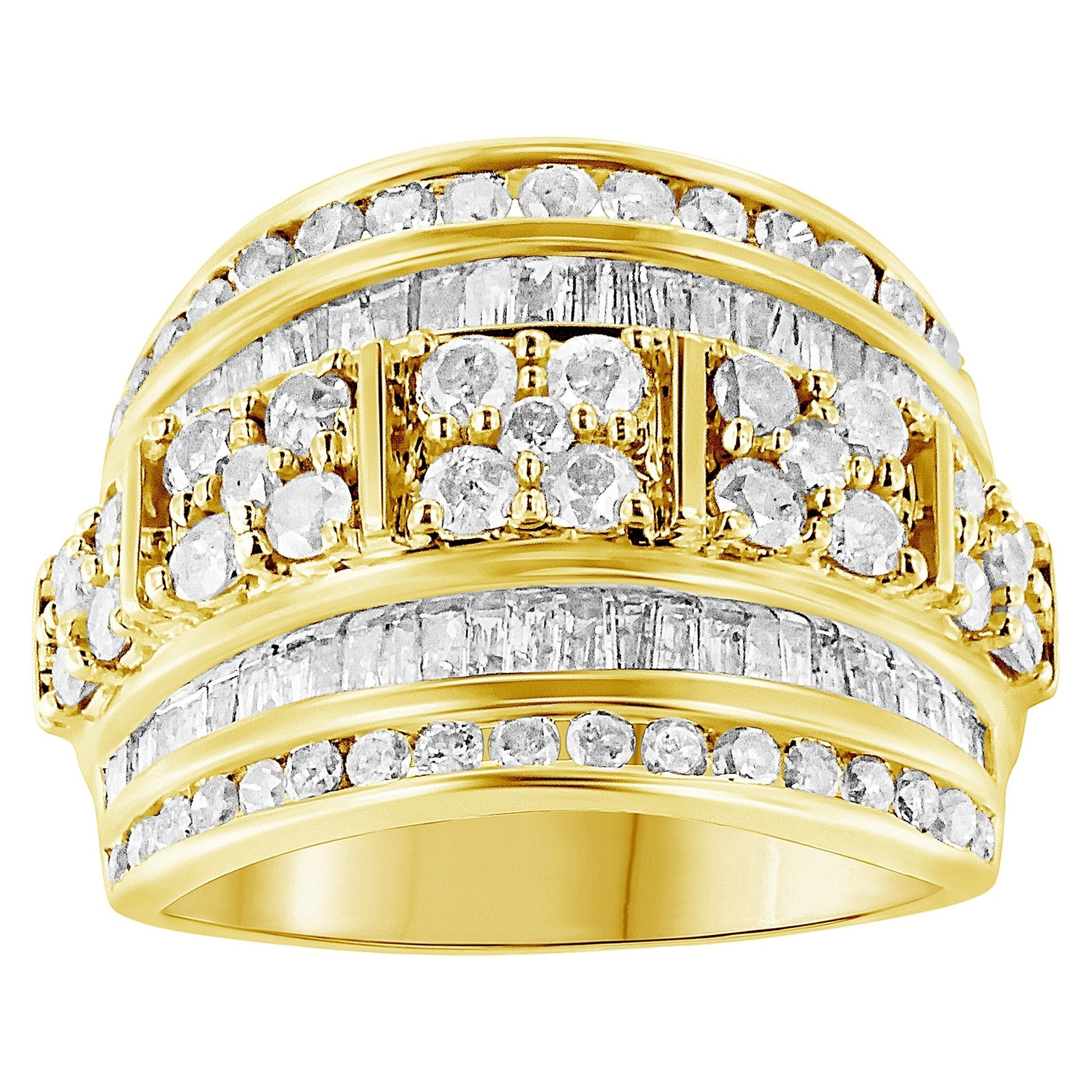 10K Yellow Gold over .925 Sterling Silver 2.0 Cttw Round & Baguette Cut Diamond Multi-Row Channel Set Tapered Cocktail Fashion Ring (I-J Color, I3 Clarity) - Size 6 - LinkagejewelrydesignLinkagejewelrydesign