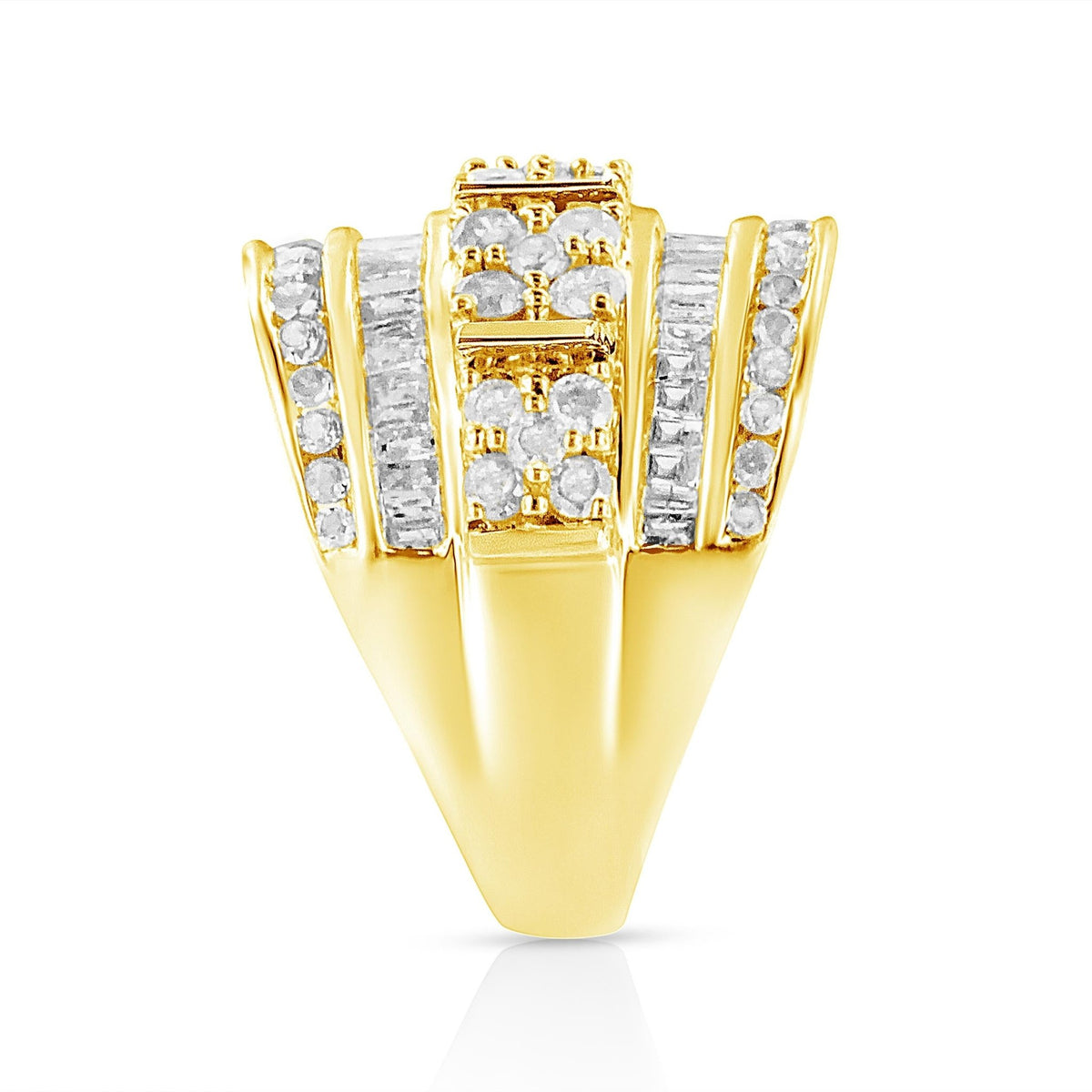 10K Yellow Gold over .925 Sterling Silver 2.0 Cttw Round & Baguette Cut Diamond Multi-Row Channel Set Tapered Cocktail Fashion Ring (I-J Color, I3 Clarity) - Size 6 - LinkagejewelrydesignLinkagejewelrydesign