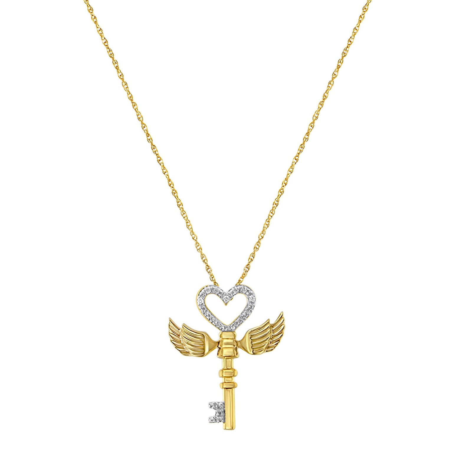 10K Yellow Gold over .925 Sterling Silver Diamond Accented Heart Angel Wing Key to Heaven 18" Rope Chain Pendant Necklace (H-I Color, I2-I3 Clarity) - LinkagejewelrydesignLinkagejewelrydesign