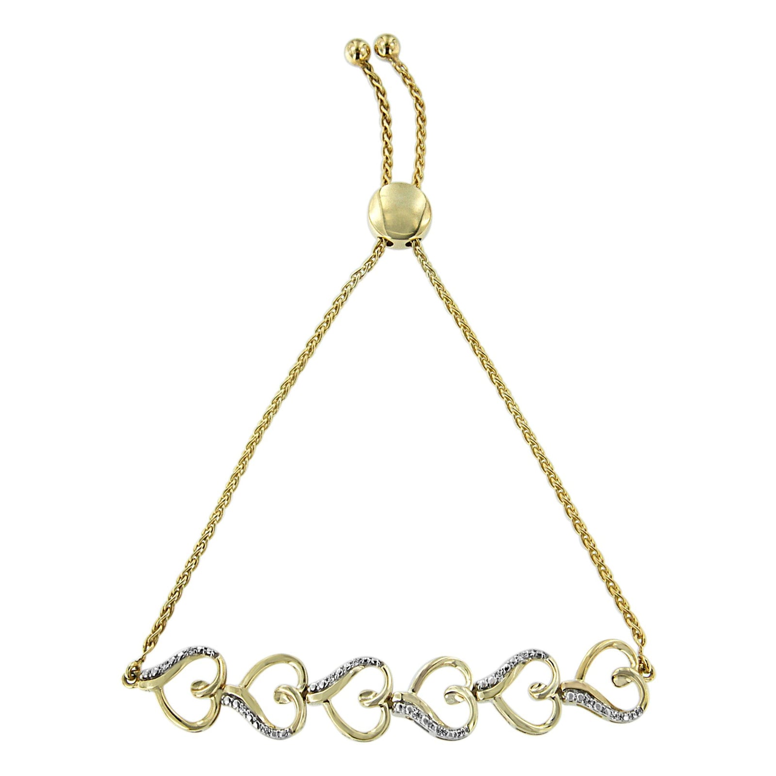 10K Yellow Gold over .925 Sterling Silver Diamond Accented Open Hearts 6”-9” Adjustable Chain Bolo Bracelet (H-I Color, I2-I3 Clarity) - LinkagejewelrydesignLinkagejewelrydesign