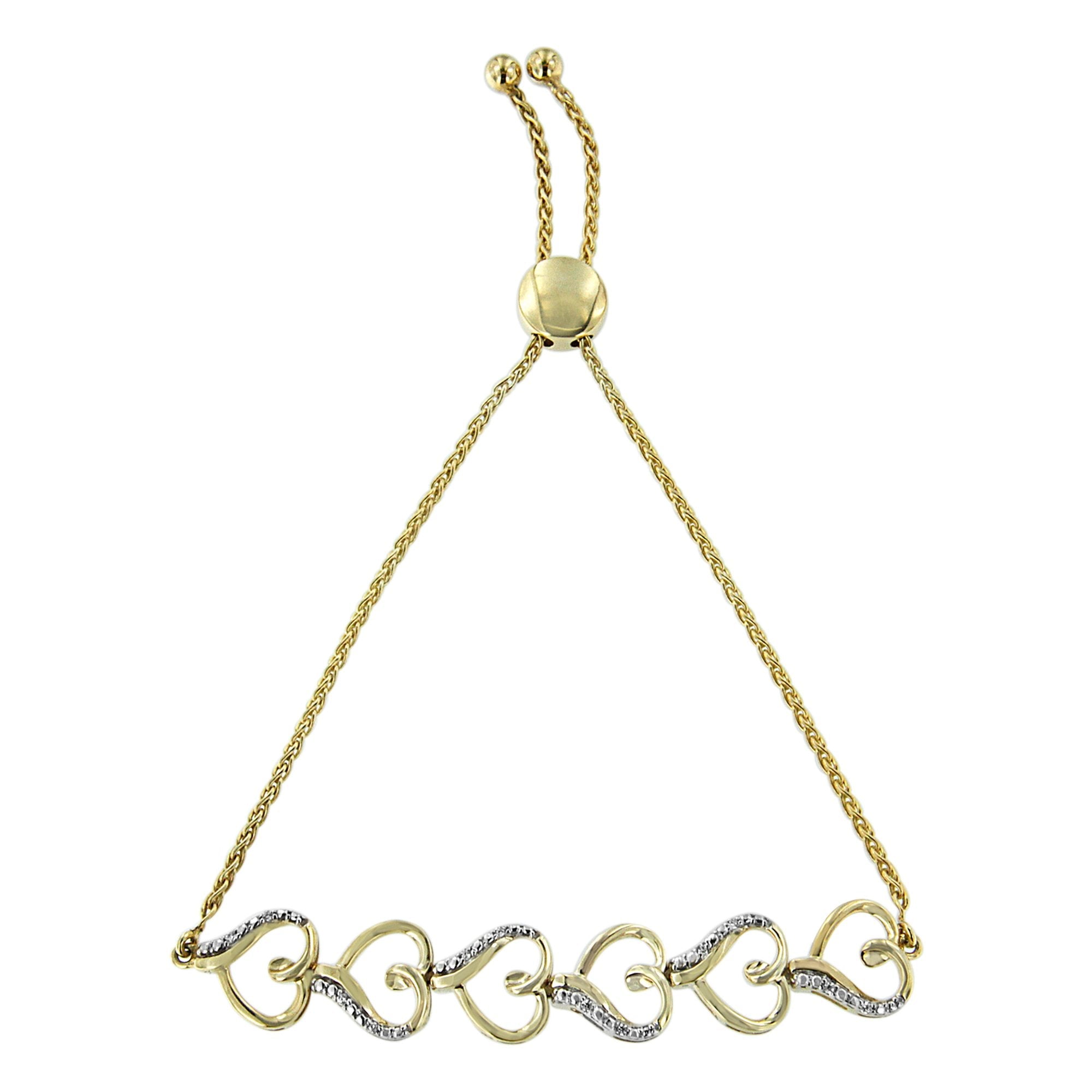 10K Yellow Gold over .925 Sterling Silver Diamond Accented Open Hearts 6”-9” Adjustable Chain Bolo Bracelet (H-I Color, I2-I3 Clarity) - LinkagejewelrydesignLinkagejewelrydesign