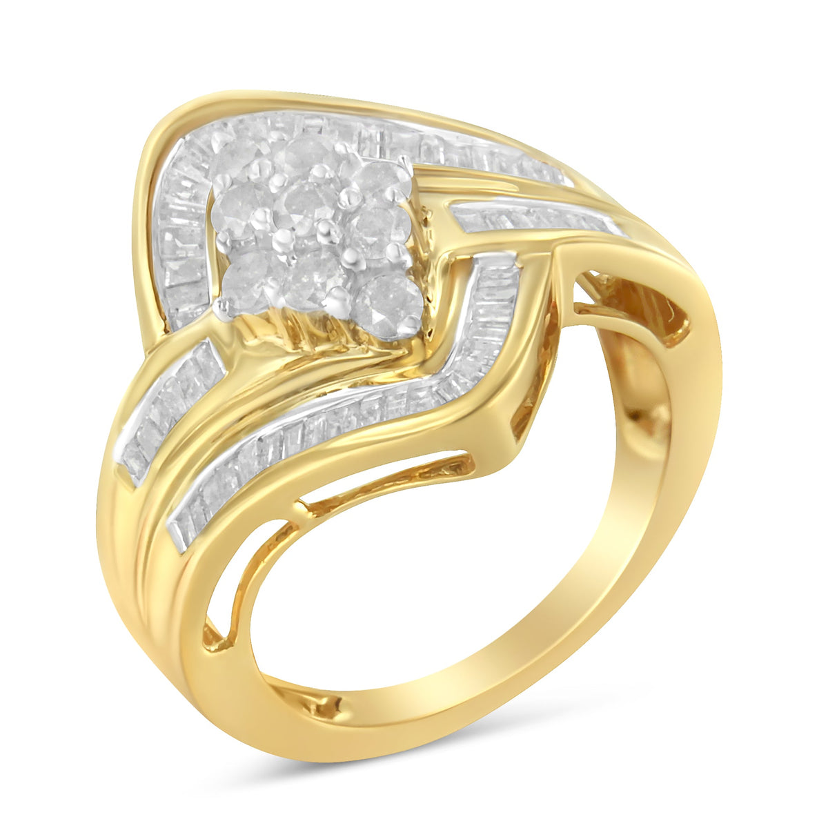 10K Yellow Gold over .925 Sterling Silver Diamond Bypass Cluster Ring (1 Cttw, I-J Color, I2-I3 Clarity) - Size 6 - LinkagejewelrydesignLinkagejewelrydesign