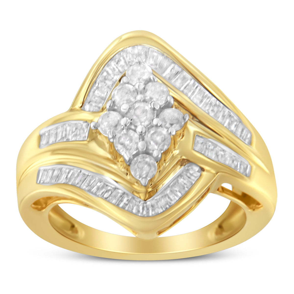 10K Yellow Gold over .925 Sterling Silver Diamond Bypass Cluster Ring (1 Cttw, I-J Color, I2-I3 Clarity) - Size 6 - LinkagejewelrydesignLinkagejewelrydesign