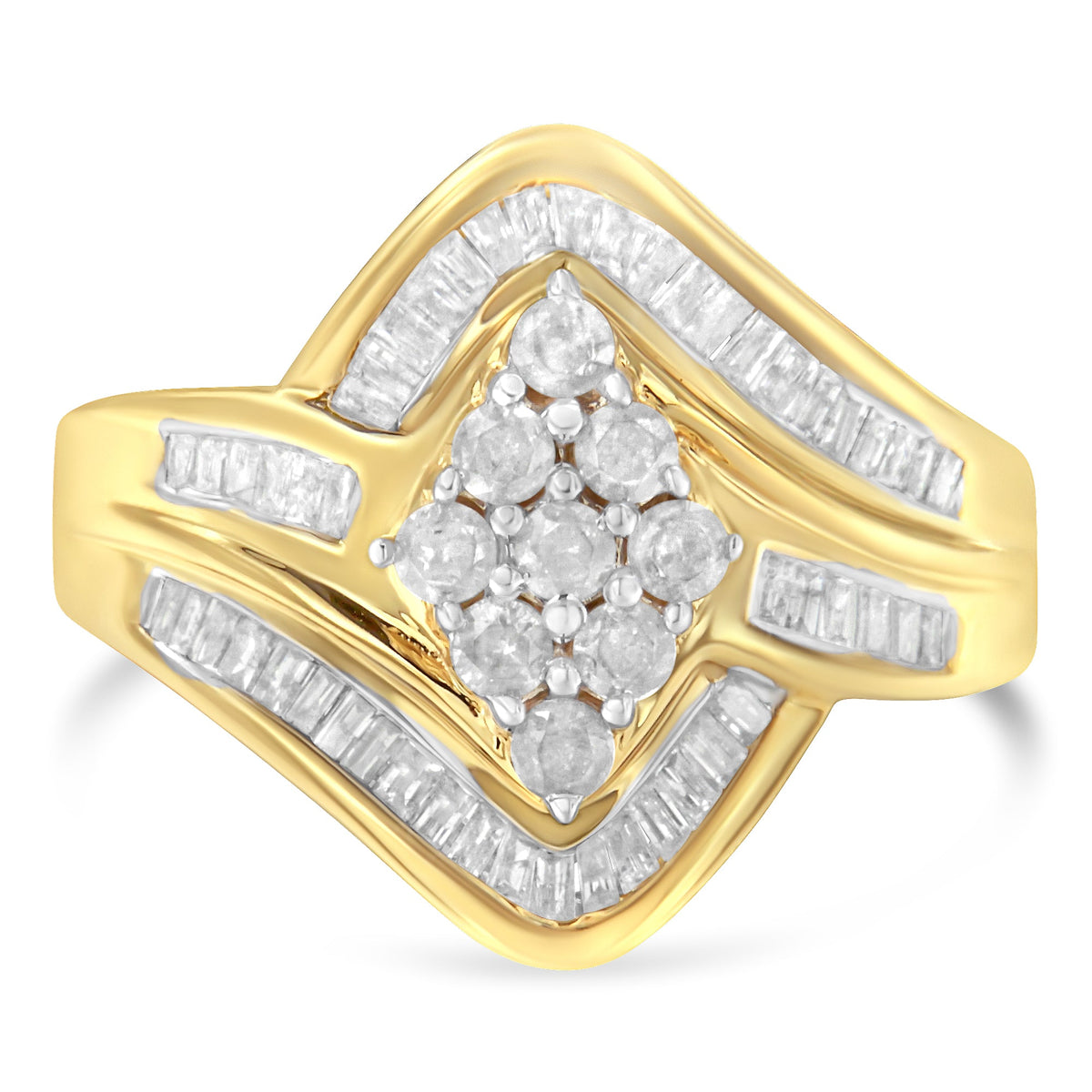 10K Yellow Gold over .925 Sterling Silver Diamond Bypass Cluster Ring (1 Cttw, I-J Color, I2-I3 Clarity) - Size 6 - LinkagejewelrydesignLinkagejewelrydesign
