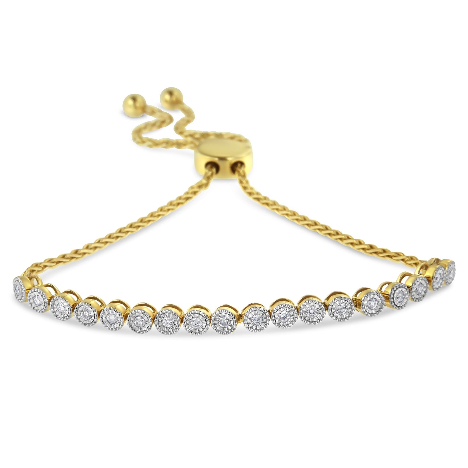 10K Yellow Gold over .925 Sterling Silver Miracle-Set Diamond Accented 6”-9” Adjustable Beaded Tennis Bolo Bracelet (H-I Color, I2-I3 Clarity) - LinkagejewelrydesignLinkagejewelrydesign