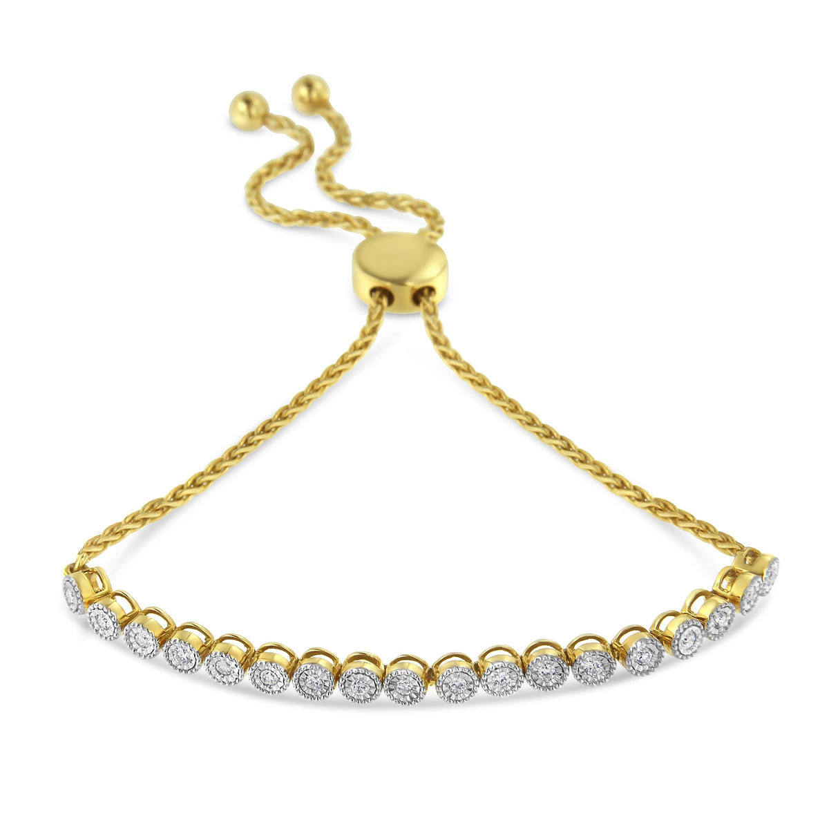 10K Yellow Gold over .925 Sterling Silver Miracle-Set Diamond Accented 6”-9” Adjustable Beaded Tennis Bolo Bracelet (H-I Color, I2-I3 Clarity) - LinkagejewelrydesignLinkagejewelrydesign