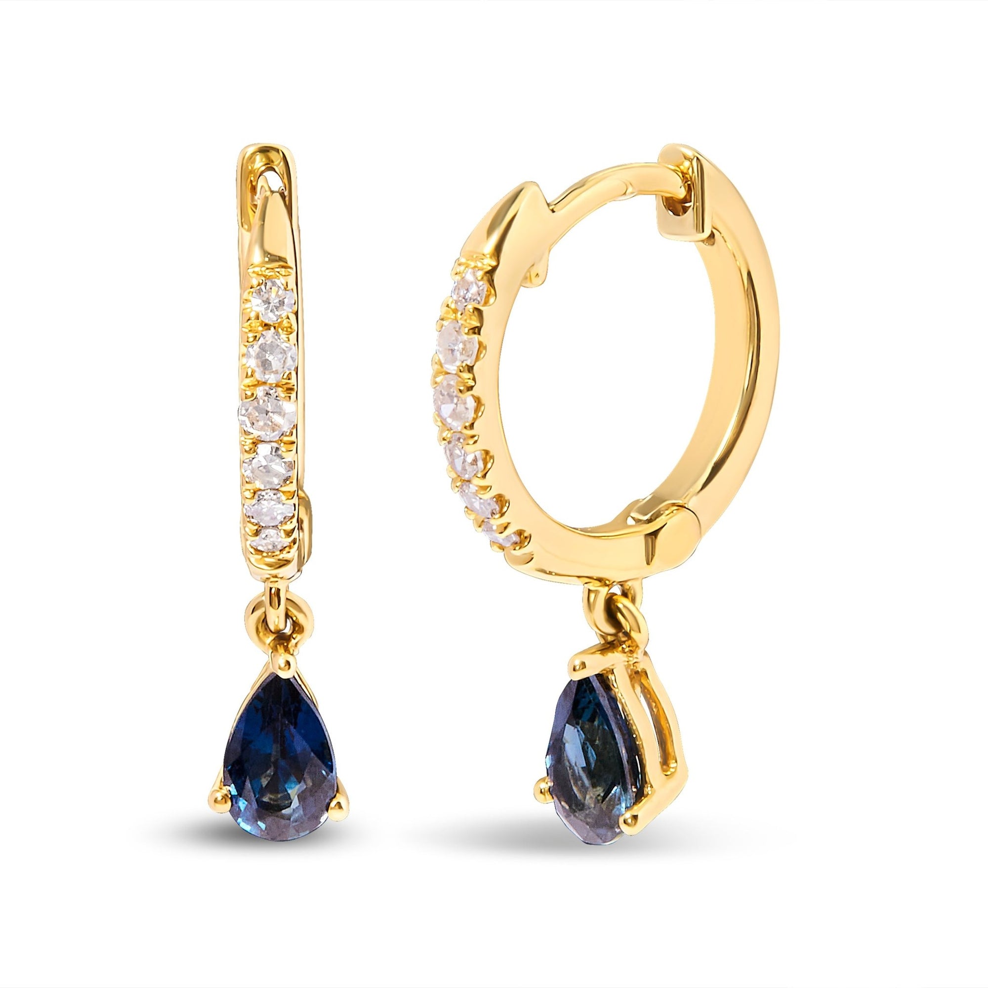 10K Yellow Gold Pear Blue Sapphire and 1/10 Cttw Diamond Drop and Dangle Huggy Hoop Earrings (H-I Color, I1-I2 Clarity) - LinkagejewelrydesignLinkagejewelrydesign