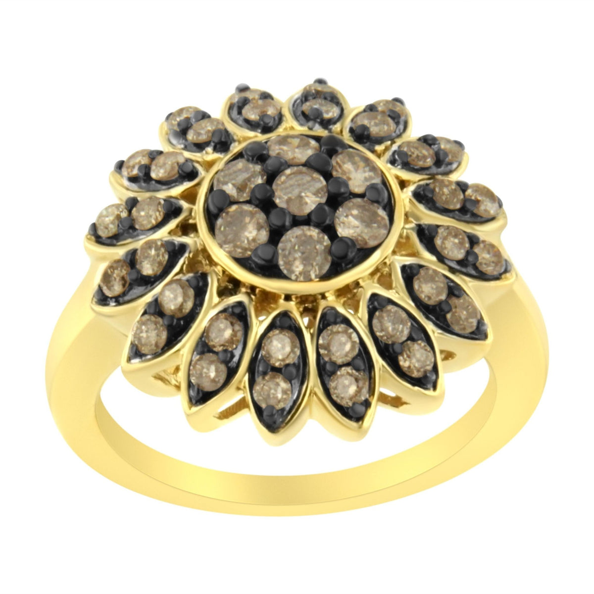 10K Yellow Gold Plated .925 Sterling Silver 1 cttw Prong Set Round-Cut Diamond Floral Cocktail Ring (I1-I2 Clarity, J-K Color) - Size 7 - LinkagejewelrydesignLinkagejewelrydesign