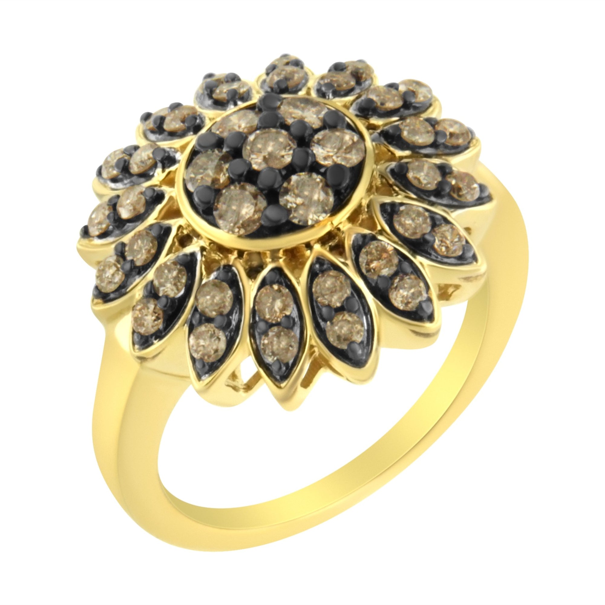 10K Yellow Gold Plated .925 Sterling Silver 1 cttw Prong Set Round - Cut Diamond Floral Cocktail Ring (I1 - I2 Clarity, J - K Color) - Size 7 - LinkagejewelrydesignLinkagejewelrydesign