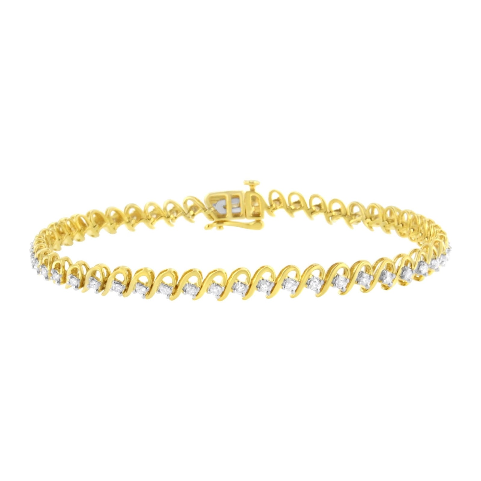 10K Yellow Gold Plated .925 Sterling Silver 1.0 cttw Diamond Alternating Wave and Round Link Tennis Bracelet (I-J Color, I2-I3 Clarity) - 7.25" - LinkagejewelrydesignLinkagejewelrydesign