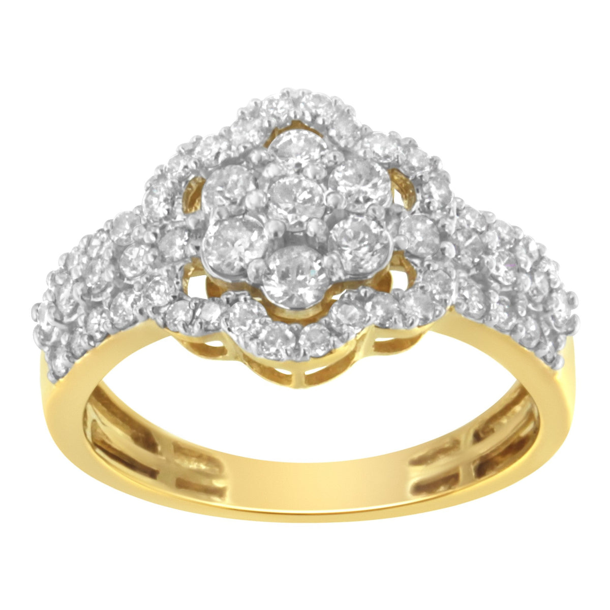 10K Yellow Gold Plated .925 Sterling Silver 1.0 Cttw Diamond Flower Cluster Open Halo Floral Ring (J-K Color, I2-I3 Clarity) - Size 7 - LinkagejewelrydesignLinkagejewelrydesign