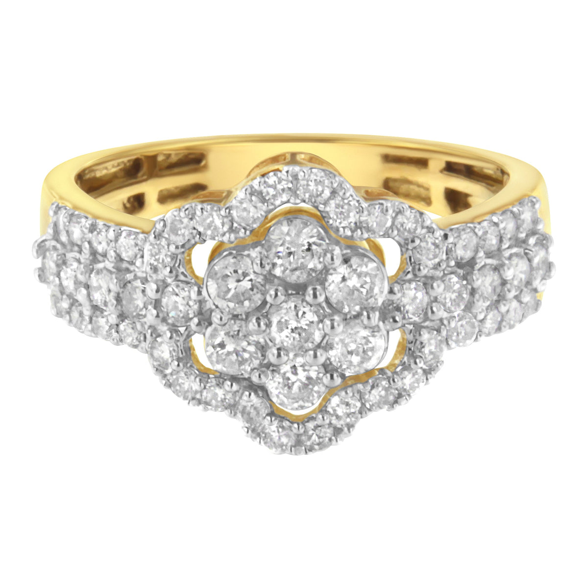 10K Yellow Gold Plated .925 Sterling Silver 1.0 Cttw Diamond Flower Cluster Open Halo Floral Ring (J-K Color, I2-I3 Clarity) - Size 7 - LinkagejewelrydesignLinkagejewelrydesign
