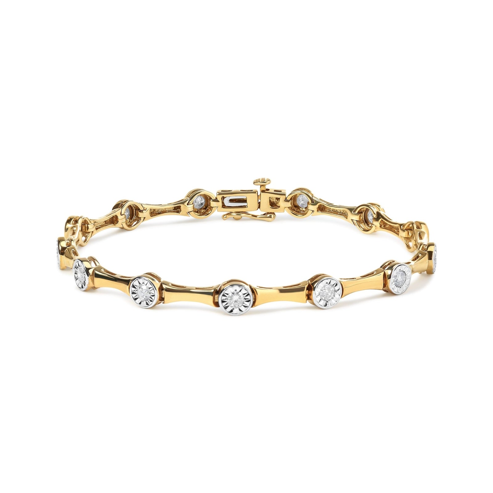 10K Yellow Gold Plated .925 Sterling Silver 1.0 Cttw Miracle Set Diamond Bezel Style Station Link Bracelet (H-I Color, I3 Clarity) - Size 7" - LinkagejewelrydesignLinkagejewelrydesign