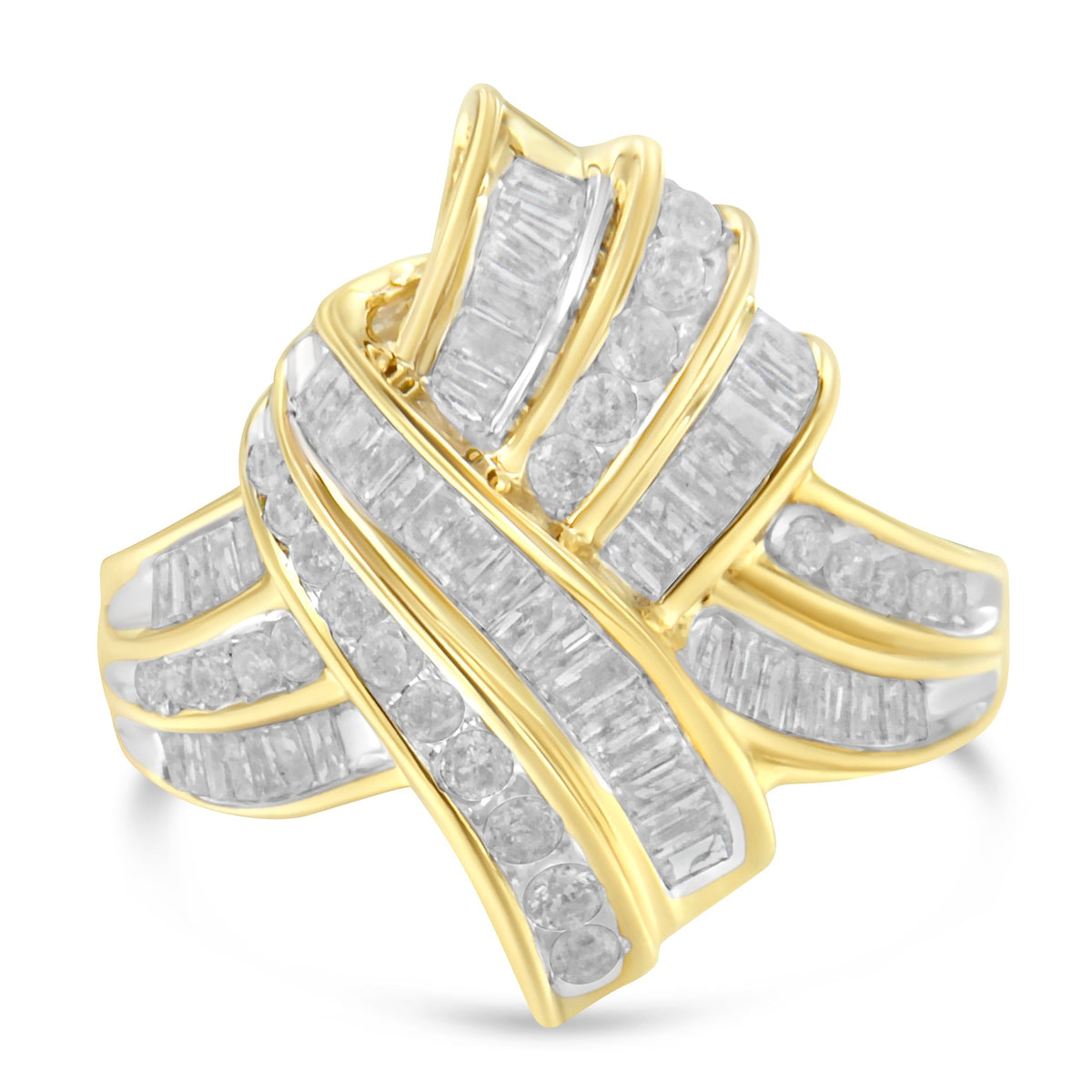 10K Yellow Gold Plated .925 Sterling Silver 1.0 Cttw Round &amp; Baguette Diamond Knot Channel Statement Ring (I-J Color, I2-I3 Clarity) - Size 6 - LinkagejewelrydesignLinkagejewelrydesign