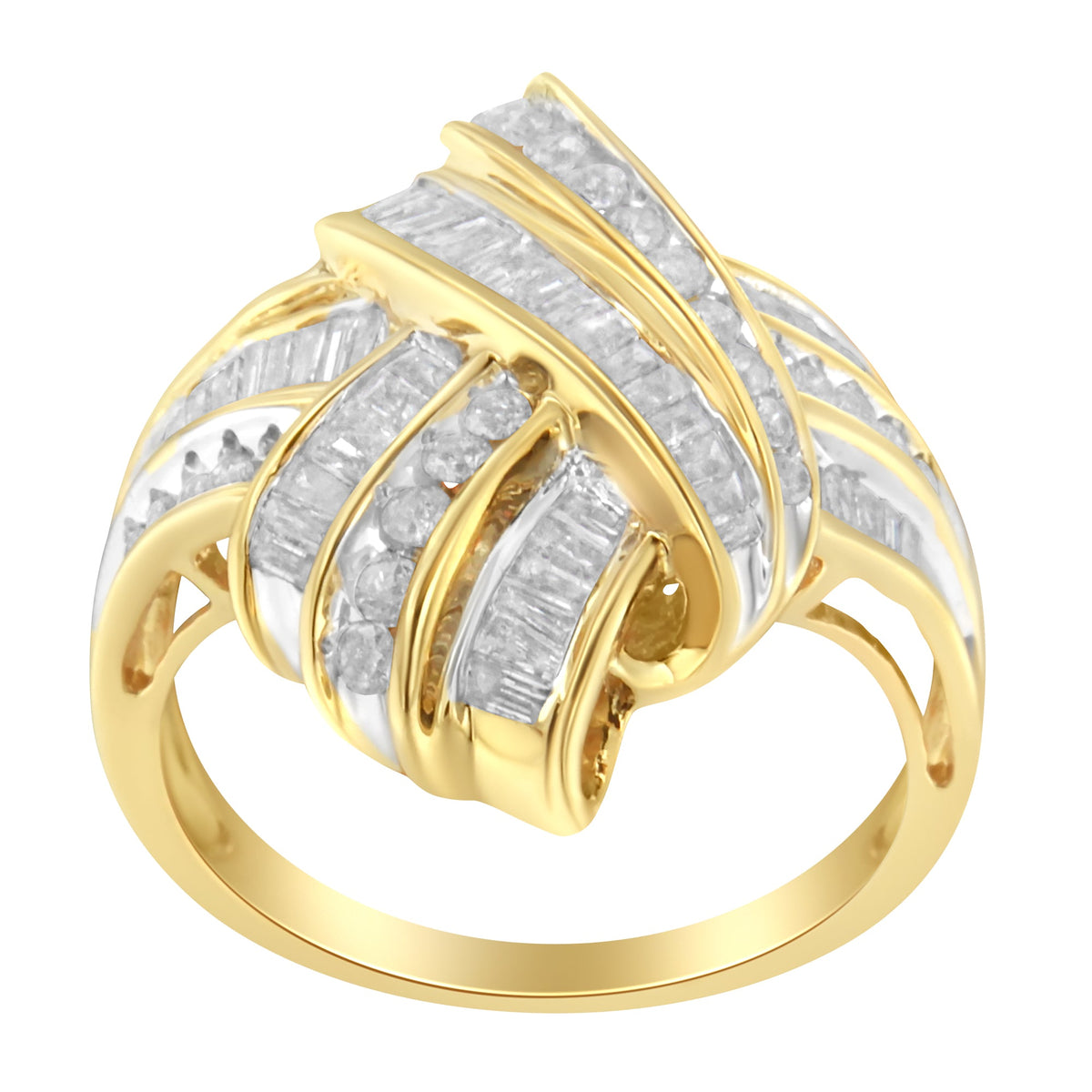 10K Yellow Gold Plated .925 Sterling Silver 1.0 Cttw Round &amp; Baguette Diamond Knot Channel Statement Ring (I-J Color, I2-I3 Clarity) - Size 6 - LinkagejewelrydesignLinkagejewelrydesign