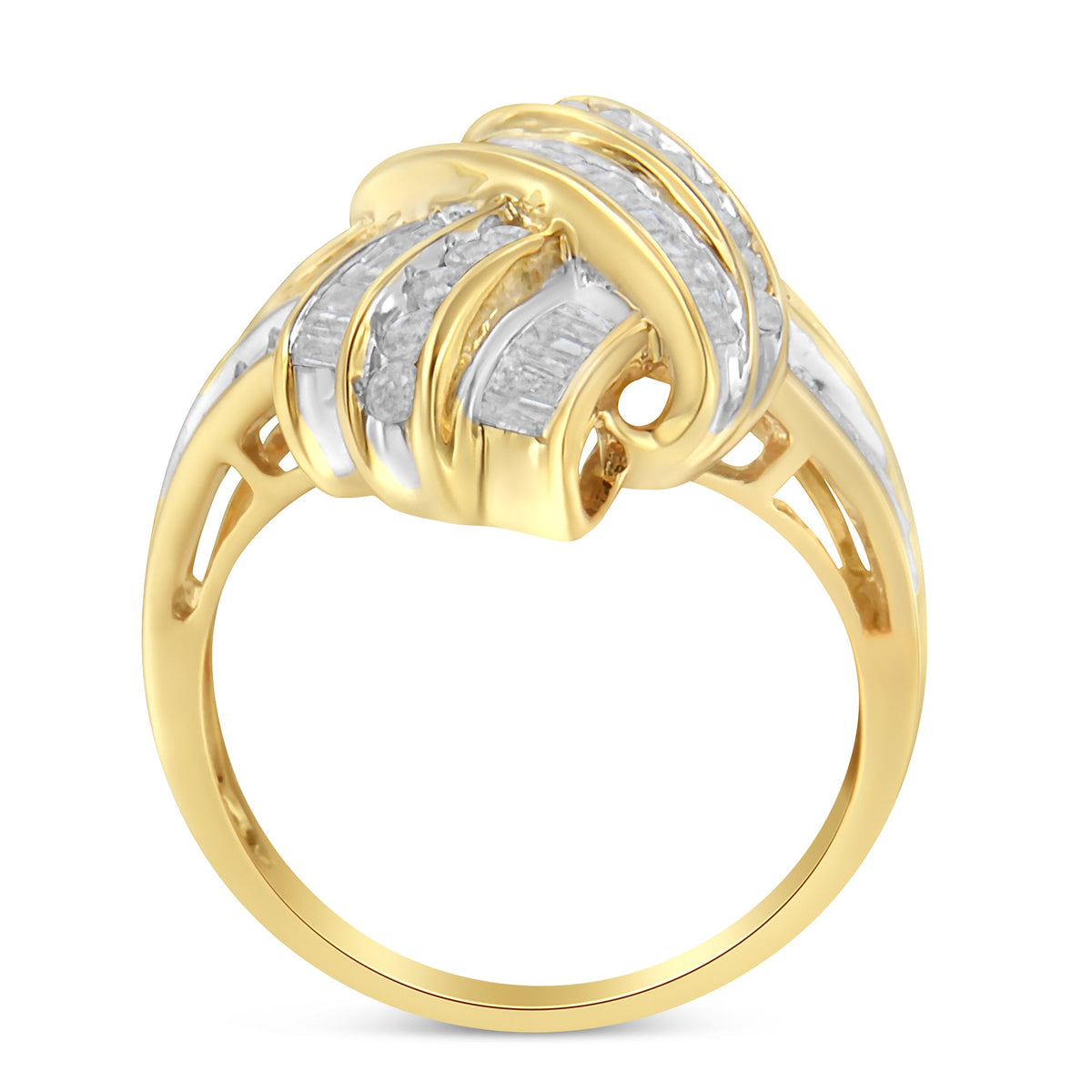 10K Yellow Gold Plated .925 Sterling Silver 1.0 Cttw Round &amp; Baguette Diamond Knot Channel Statement Ring (I-J Color, I2-I3 Clarity) - Size 6 - LinkagejewelrydesignLinkagejewelrydesign