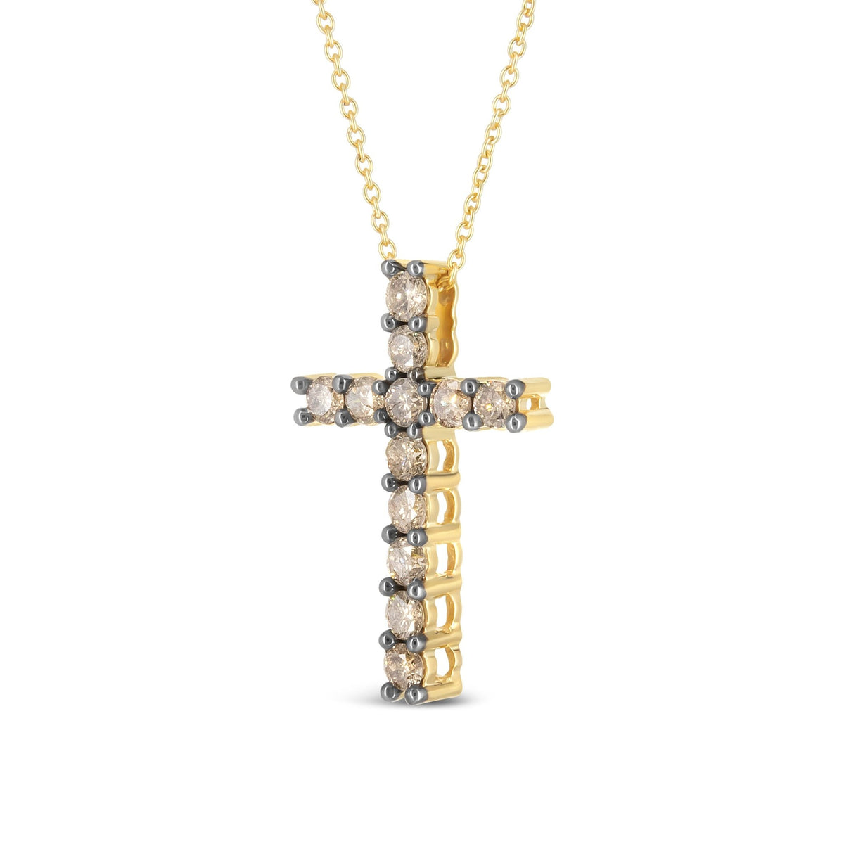10K Yellow Gold Plated .925 Sterling Silver 1.00 Cttw Traditional Diamond Cross 18&quot; Pendant Necklace (Champagne color, I2-I3 Clarity) - LinkagejewelrydesignLinkagejewelrydesign